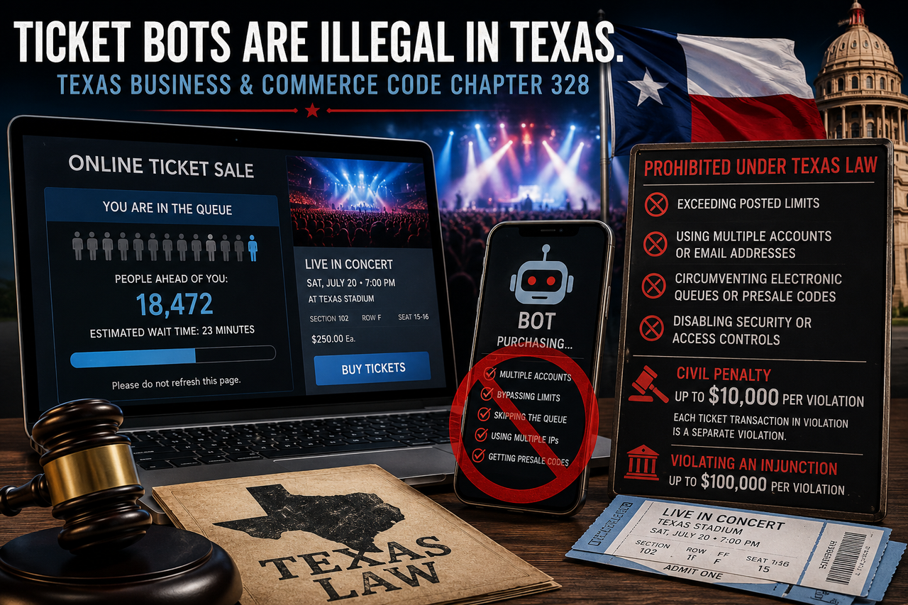 Texas ticket bot law illustration showing an online concert ticket queue, automated purchasing bot, Texas flag, gavel, event tickets, and civil penalties under Texas Business and Commerce Code Chapter 328.