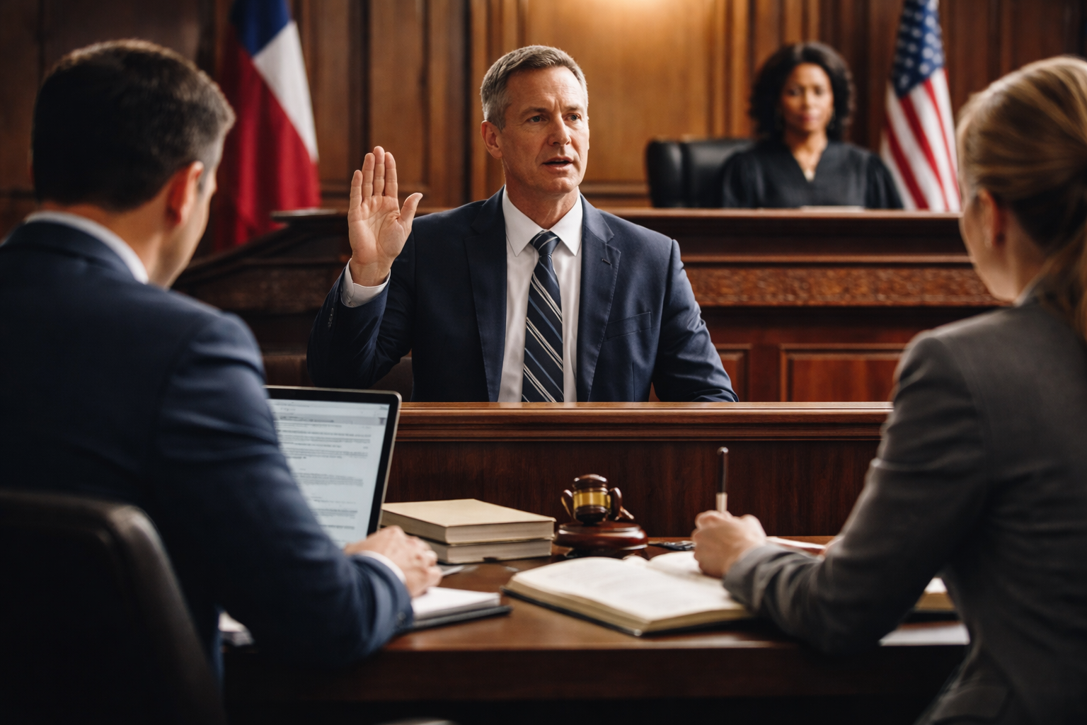 A courtroom scene with a litigant speaking under oath while opposing counsel takes notes, symbolizing a judicial confession that determines the outcome of a Texas civil case.
