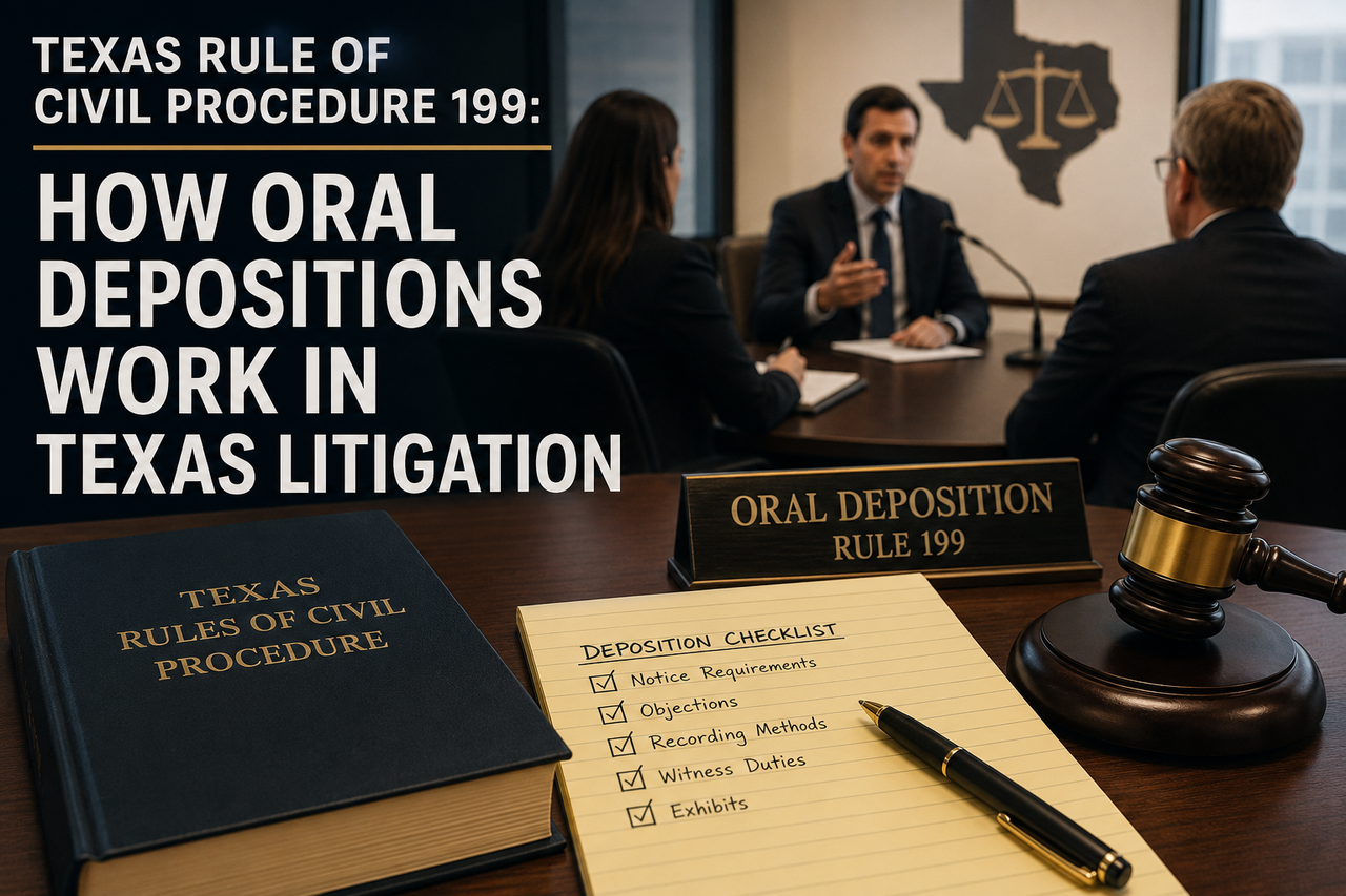 Professional legal-themed illustration depicting a Texas oral deposition under Texas Rule of Civil Procedure 199. Three attorneys participate in a deposition around a conference table while a witness gives sworn testimony. In the foreground are a Texas Rules of Civil Procedure book, a deposition checklist, a judge's gavel, and a nameplate reading "Oral Deposition Rule 199." Large overlay text reads, "Texas Rule of Civil Procedure 199: How Oral Depositions Work in Texas Litigation