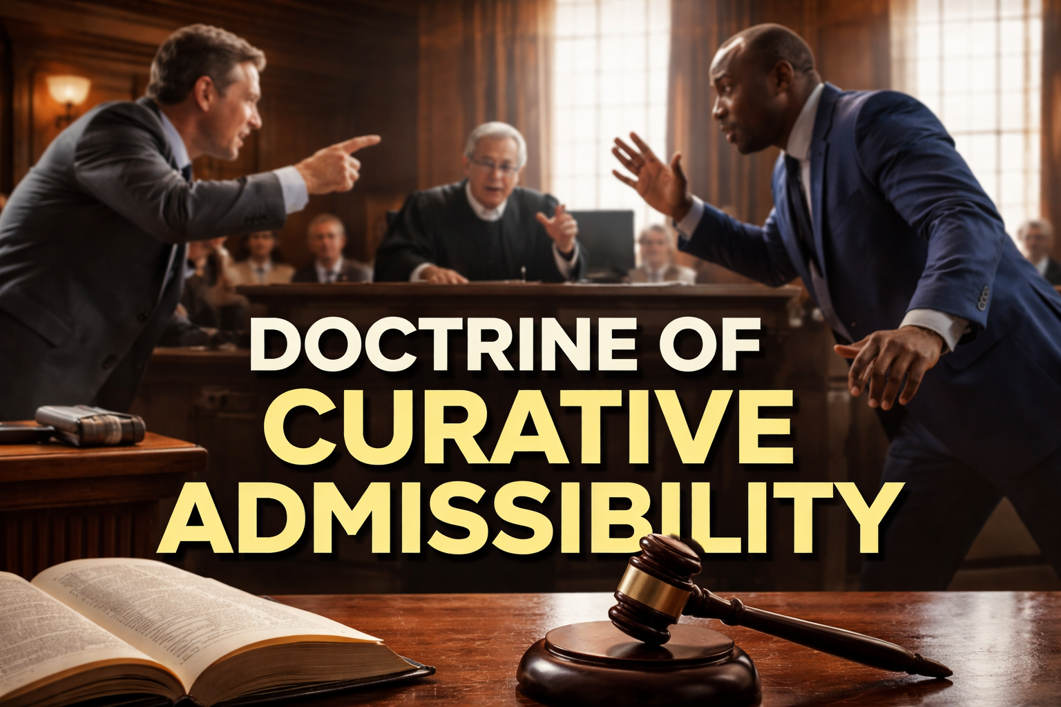 Courtroom scene with two attorneys arguing before a judge, illustrating the Doctrine of Curative Admissibility in Texas evidence law.