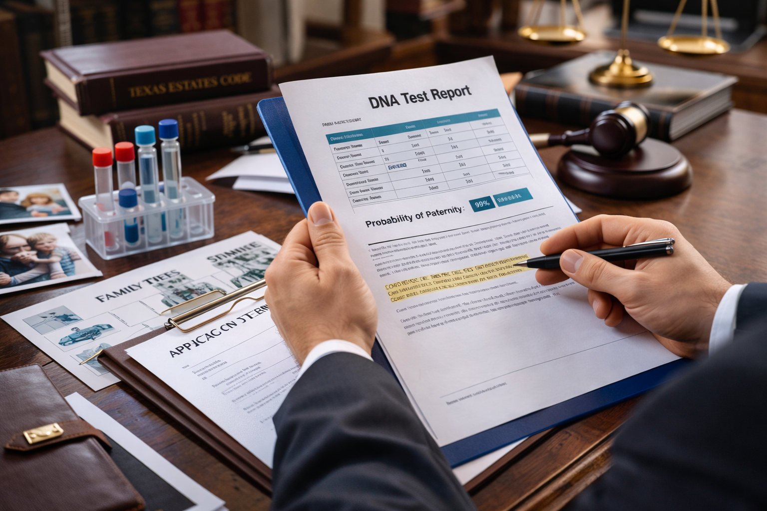 Attorney reviewing genetic testing reports and family records in a Texas probate heirship case involving DNA evidence and inheritance rights under Texas law.