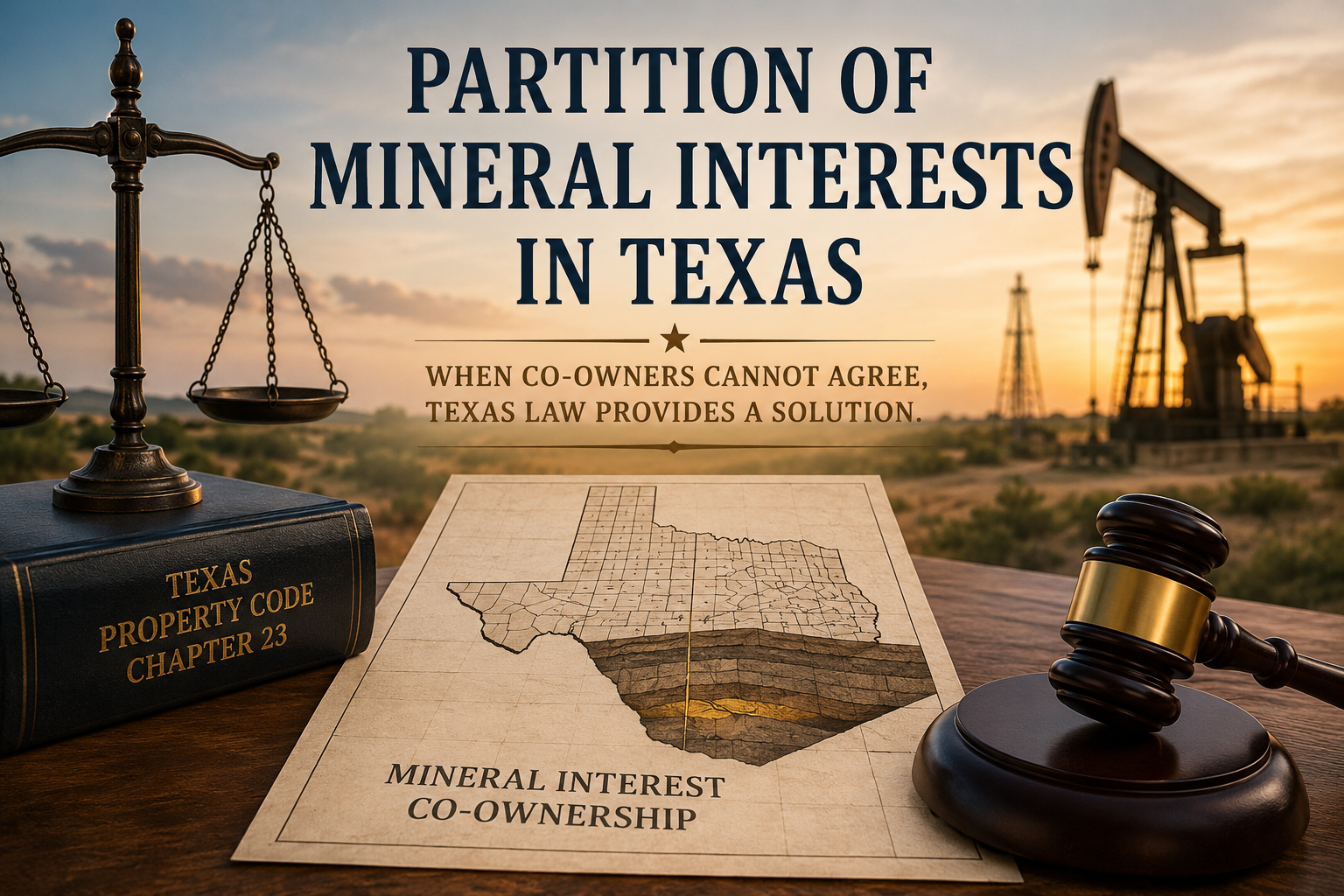 Partition of mineral interests in Texas legal illustration showing oil and gas rights, co-owned mineral estates, Texas Property Code Chapter 23, partition lawsuits, heirship disputes, royalty ownership issues, a judge's gavel, and oilfield operations in Texas.