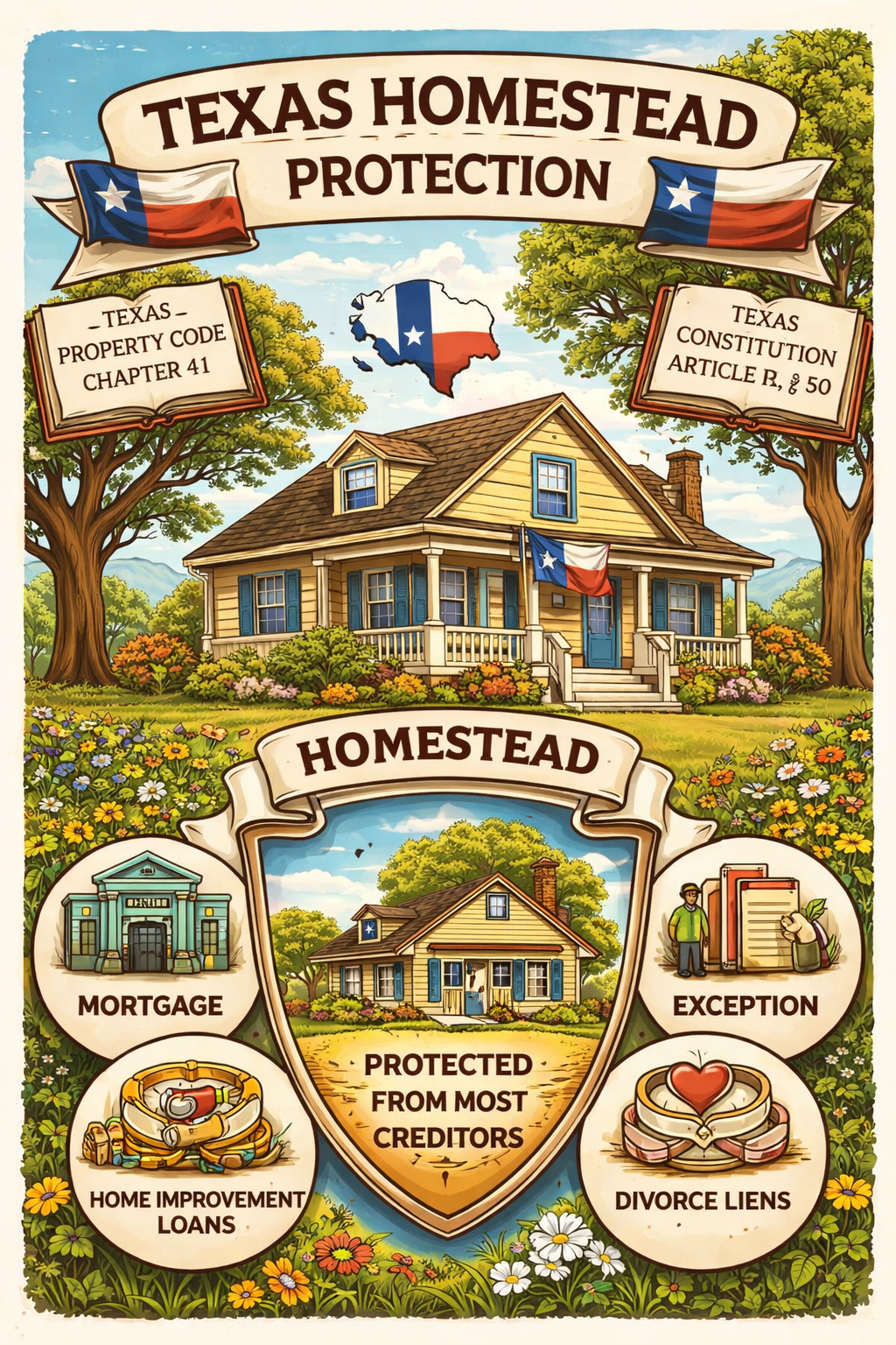 Illustration of a Texas home labeled as a homestead, showing legal protections against most creditors under Texas homestead law, with references to the Texas Constitution and Texas Property Code.