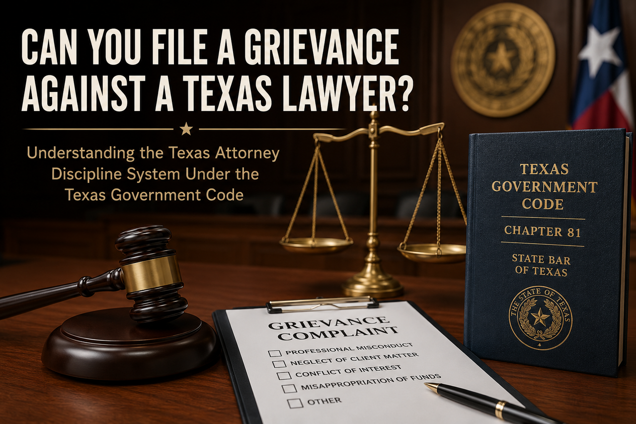Courtroom scene with a judge's gavel, scales of justice, grievance complaint form, and Texas Government Code Chapter 81, illustrating the Texas attorney grievance and lawyer discipline process.