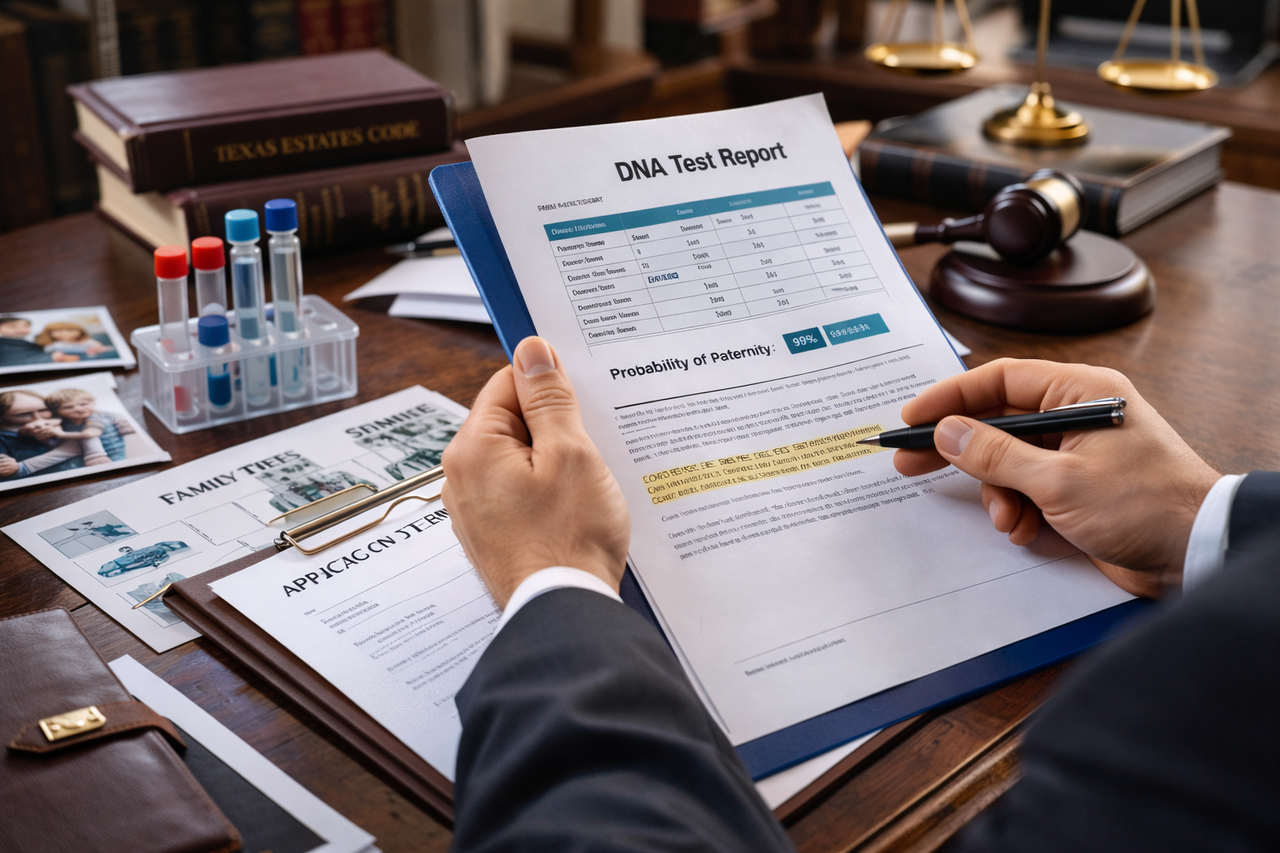 Attorney reviewing genetic testing reports and family records in a Texas probate heirship case involving DNA evidence and inheritance rights under Texas law.
