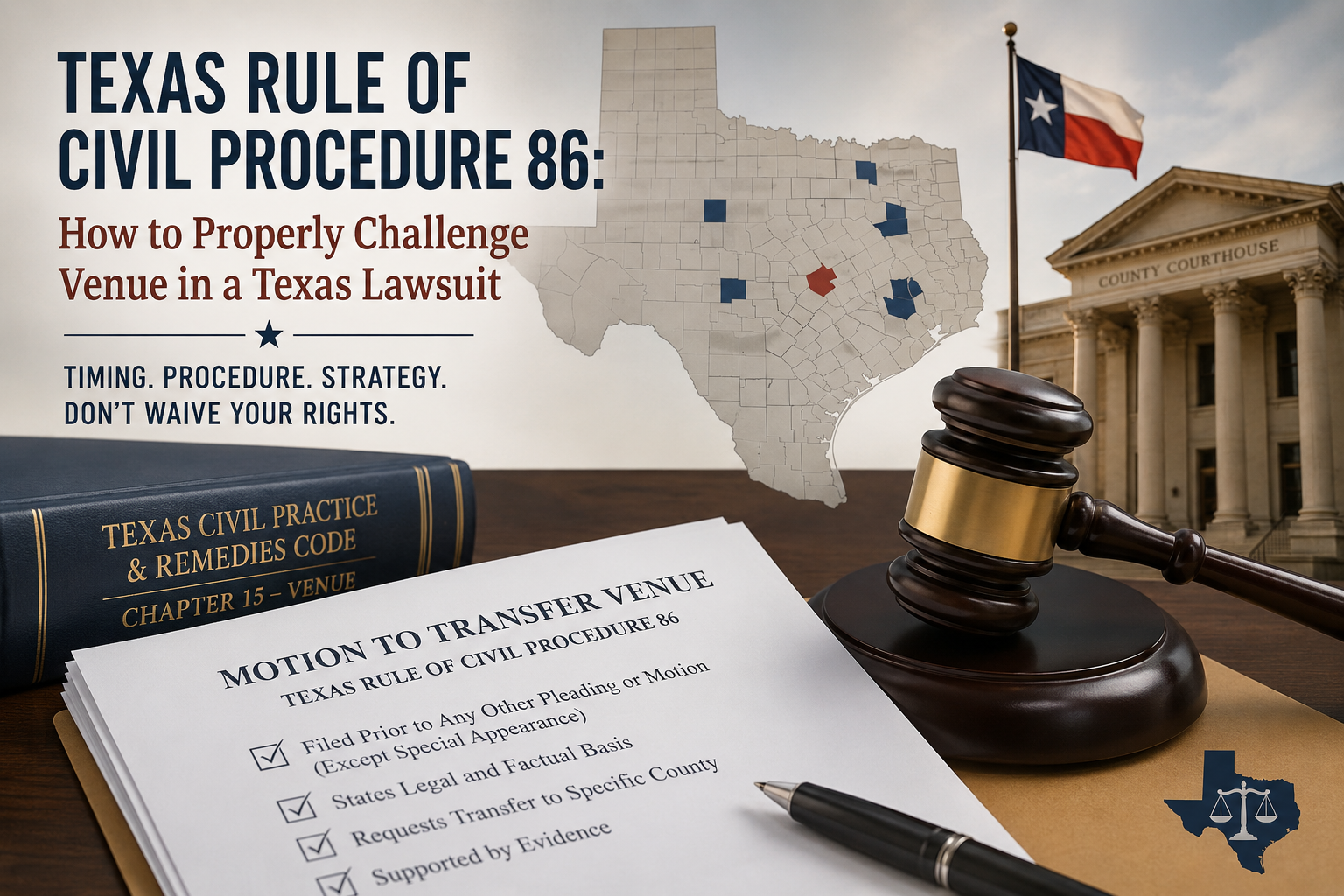 Texas Rule of Civil Procedure 86 motion to transfer venue illustration featuring a courthouse, Texas county map, legal documents, and judge’s gavel, representing venue challenges and venue transfer procedures in Texas civil litigation.