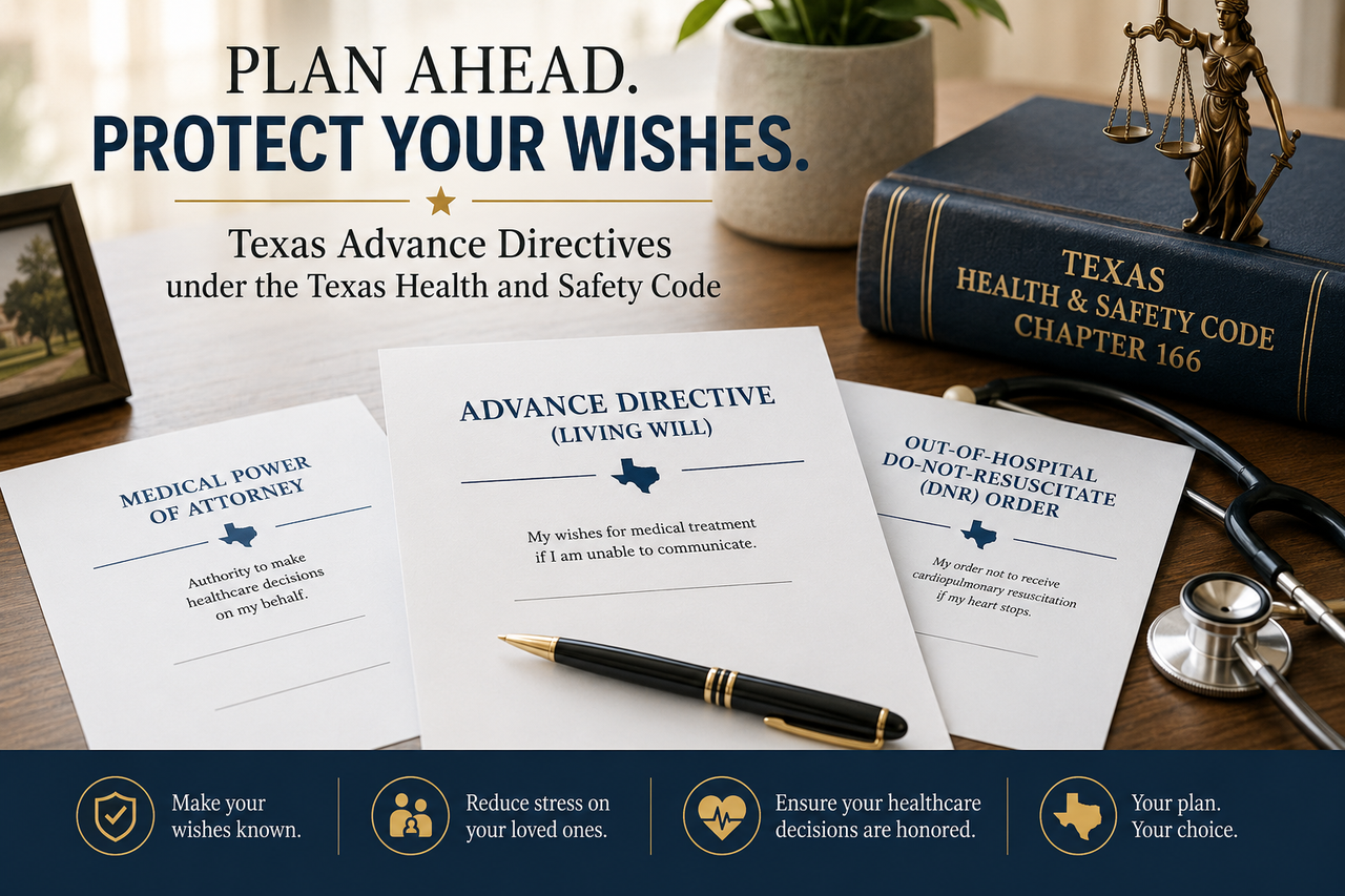 Professional estate planning illustration featuring Texas advance directive documents, including a living will, medical power of attorney, and out-of-hospital DNR order, alongside a Texas Health and Safety Code book, stethoscope, Lady Justice statue, and pen on a wooden desk. The image represents healthcare planning, living wills, and estate planning under Texas law.