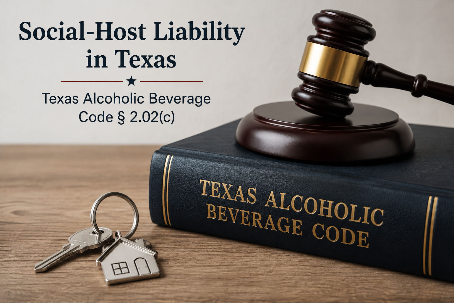 Texas social-host liability legal graphic featuring a judge’s gavel, house keys, and Texas Alcoholic Beverage Code book, highlighting Texas Alcoholic Beverage Code § 2.02(c) and liability for knowingly allowing minors to be provided alcohol on property an adult owns or leases.