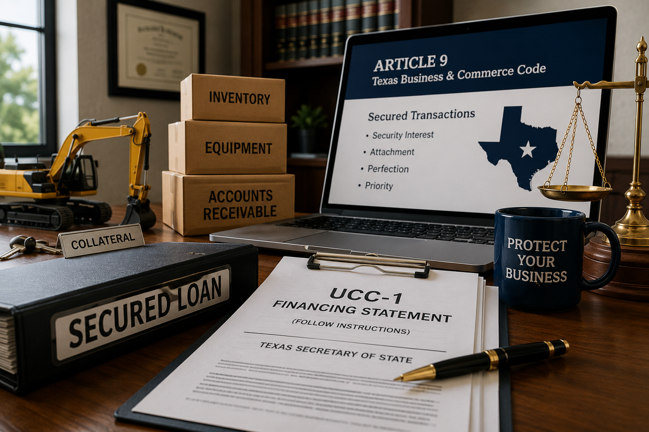 Illustration of a Texas UCC-1 financing statement with secured loan documents, business equipment, inventory, accounts receivable, and a laptop displaying Article 9 of the Texas Business & Commerce Code, representing secured transactions, commercial finance, and business collateral.