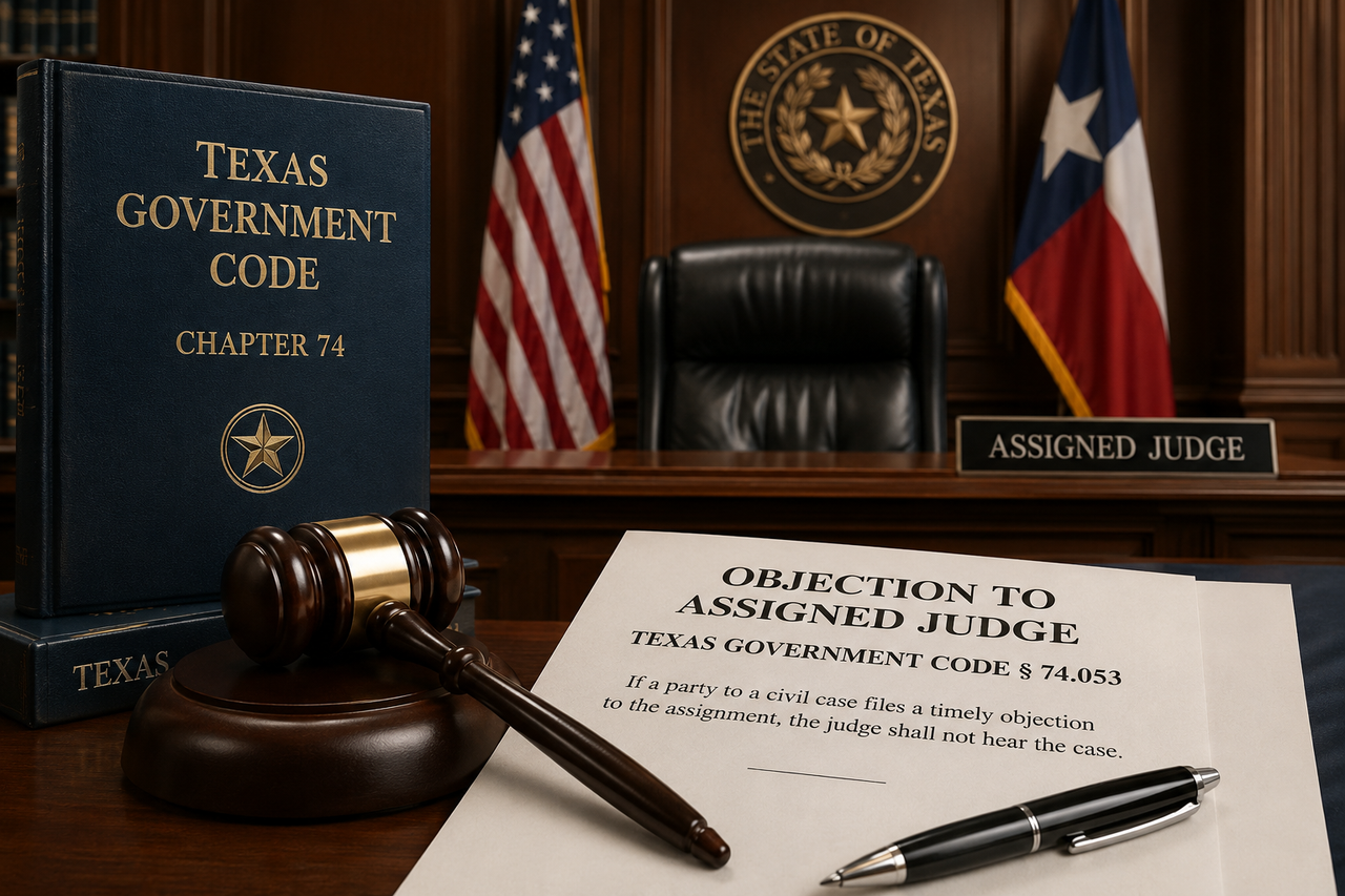 A professional Texas courtroom featuring a polished judge's bench with the American and Texas flags in the background. In the foreground, a wooden gavel rests beside a legal document titled "Objection to Assigned Judge," next to a law book labeled "Texas Government Code Chapter 74." The image symbolizes the procedural right to object to certain assigned or visiting judges under Texas law and the importance of understanding statutory litigation deadlines.