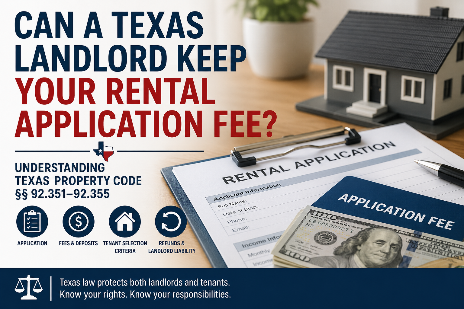 Texas rental application and model home beside an application fee payment, illustrating whether a Texas landlord can keep a rental application fee under Texas Property Code §§ 92.351–92.355, including rules for fees, deposits, tenant-selection criteria, refunds, and landlord liability.