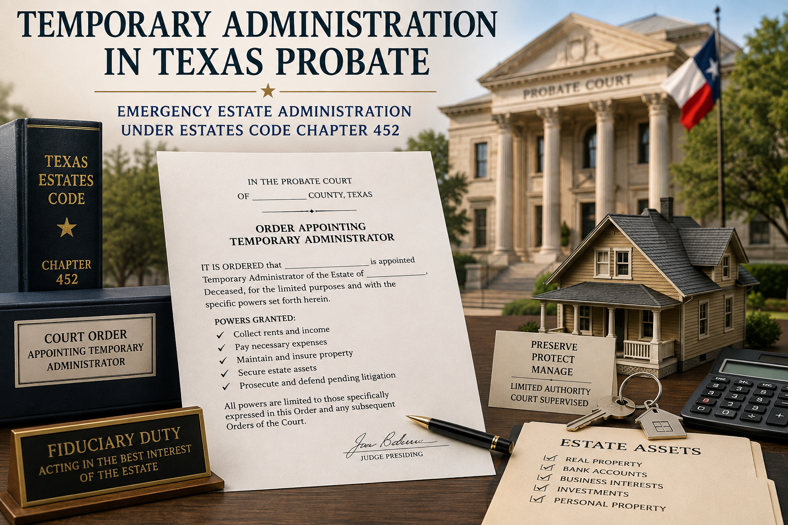 Texas probate illustration showing a court order appointing a temporary administrator, Texas Estates Code Chapter 452, a courthouse, home, keys, and estate assets representing the court-supervised preservation and management of property during temporary administration.