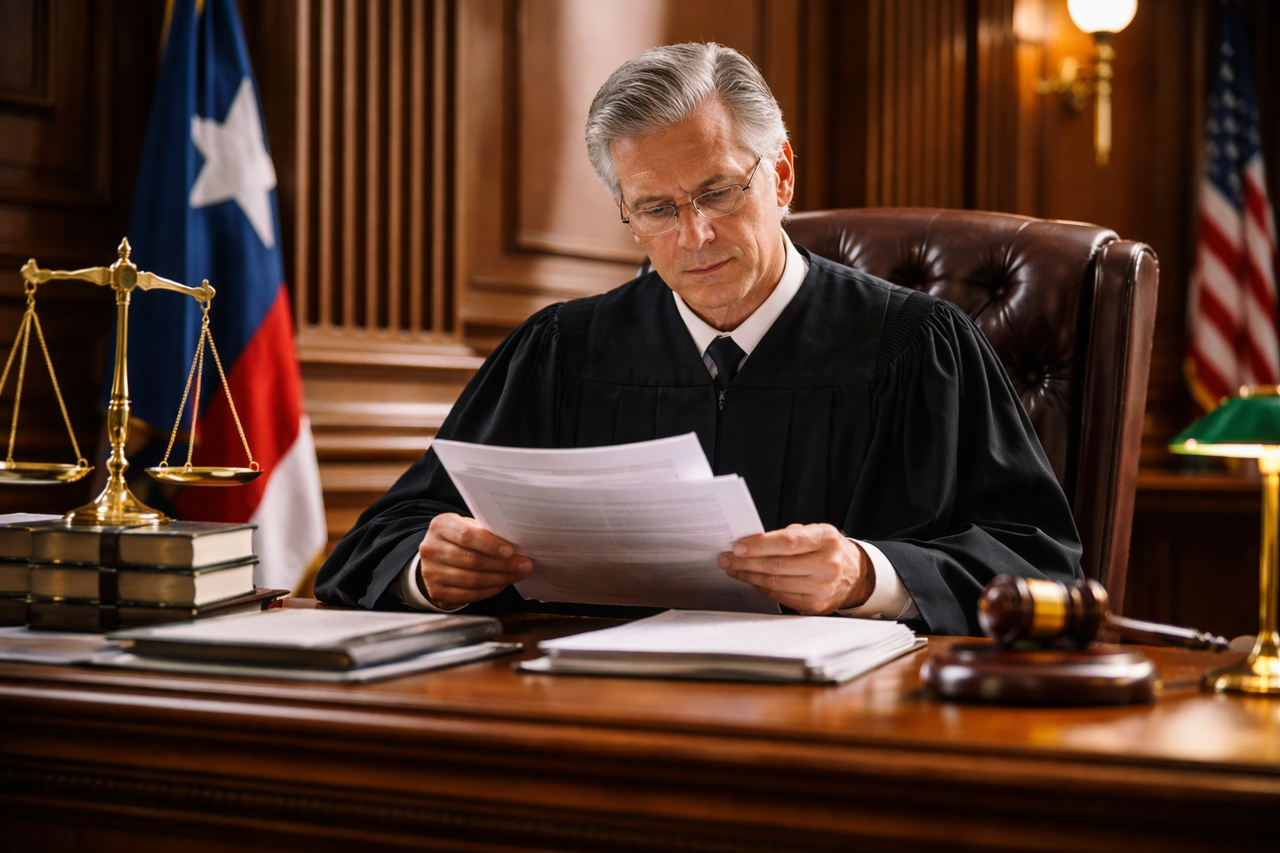 A Texas courtroom scene showing a judge reviewing legal documents at the bench, symbolizing the decision-making process in a traditional summary judgment under Rule 166a(c), where cases are resolved based on written evidence without a full trial.