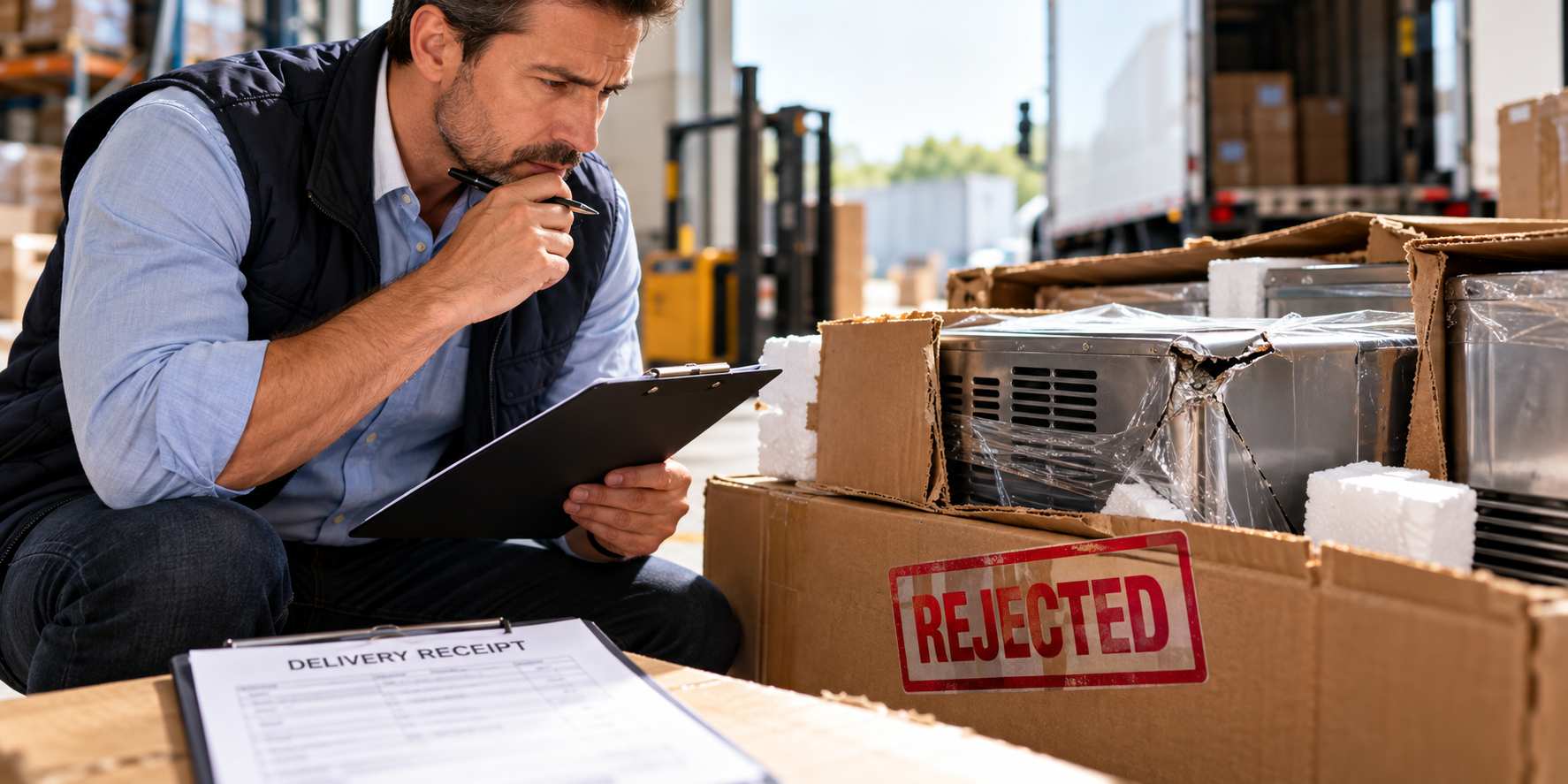 Man inspecting damaged commercial equipment beside a rejected delivery box, illustrating a Texas buyer’s right to reject defective goods under Texas Business & Commerce Code Chapter 2.