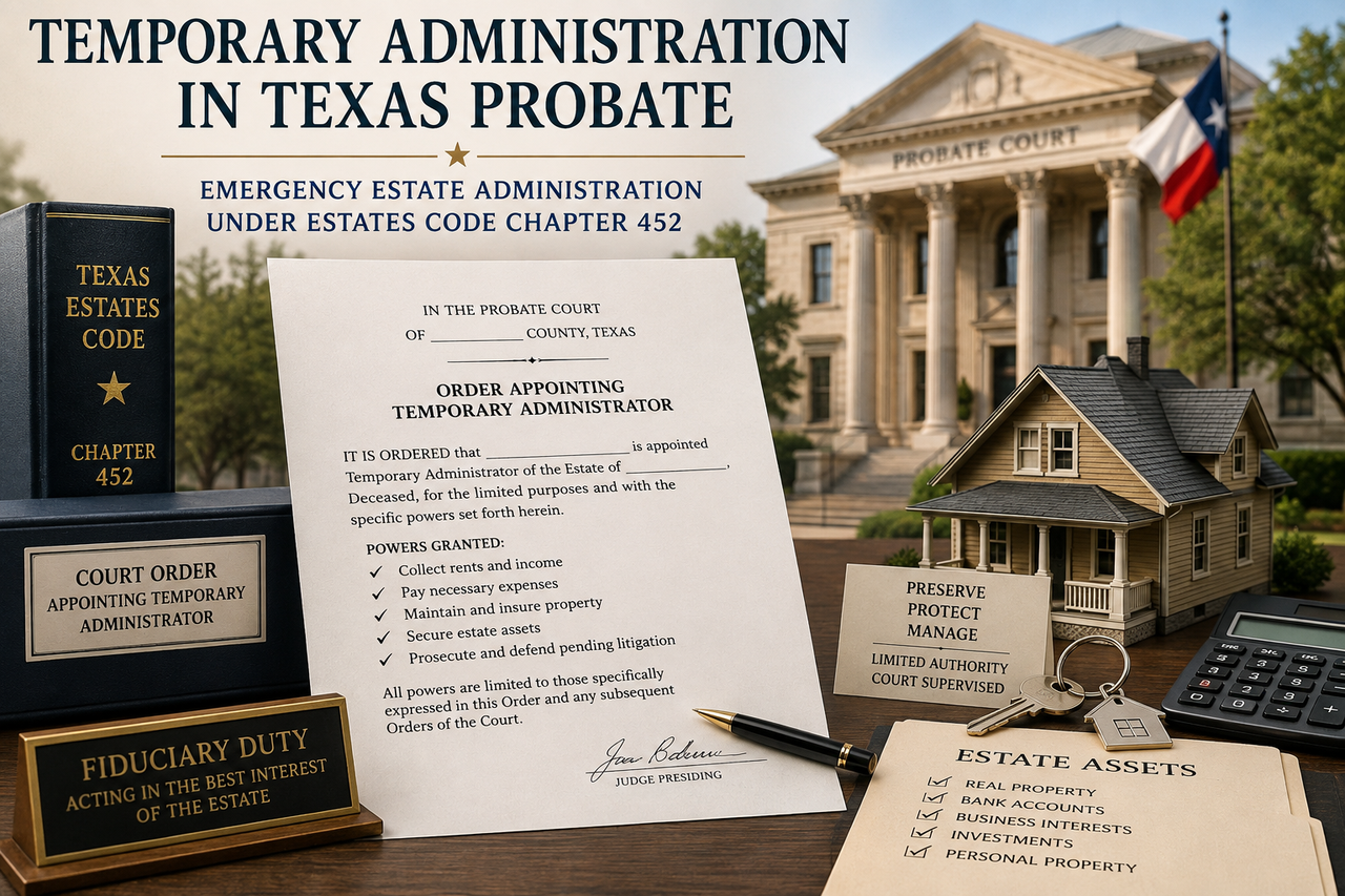 Texas probate illustration showing a court order appointing a temporary administrator, Texas Estates Code Chapter 452, a courthouse, home, keys, and estate assets representing the court-supervised preservation and management of property during temporary administration.