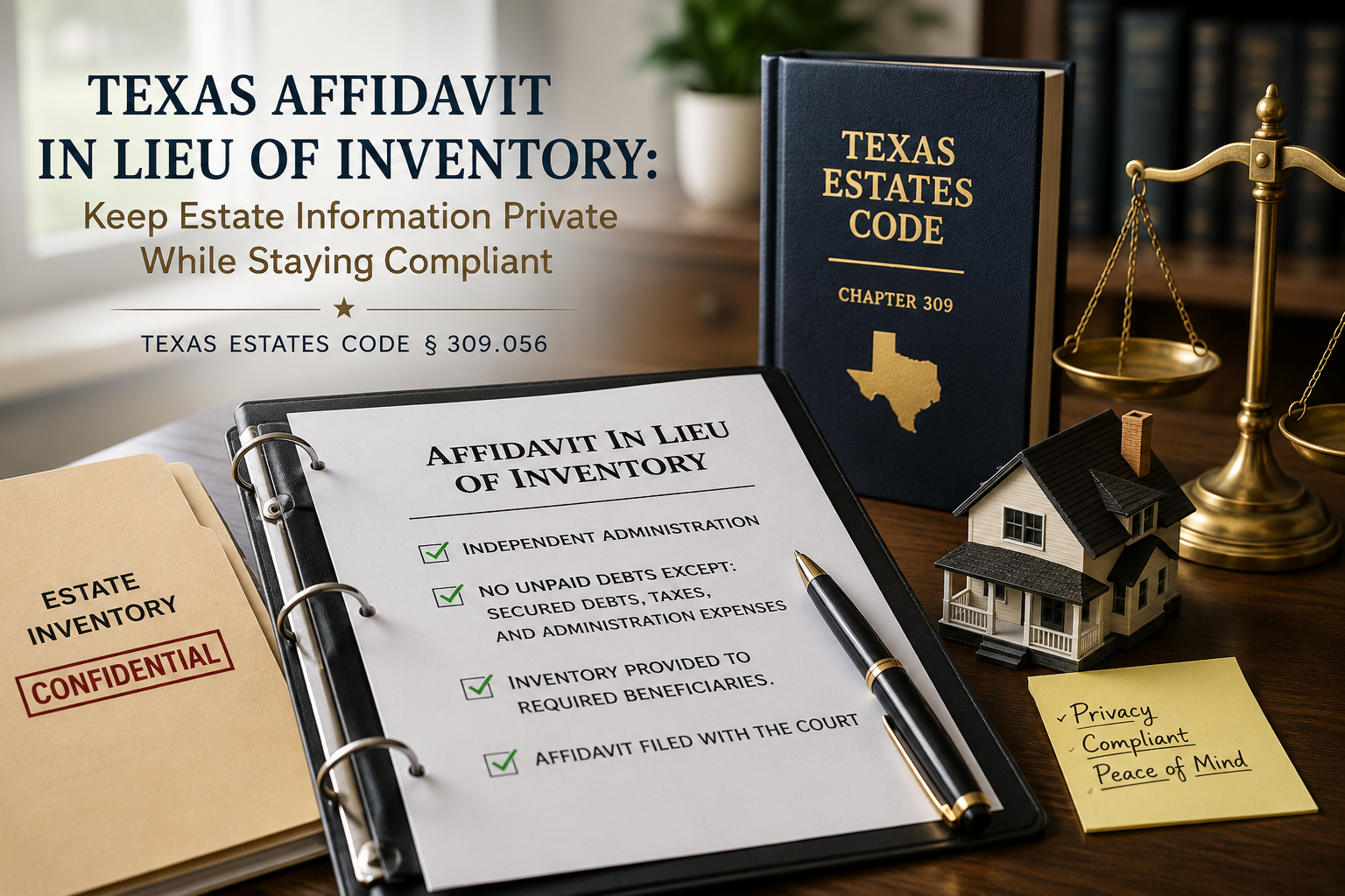 Texas affidavit in lieu of inventory illustration featuring the Texas Estates Code, a confidential estate inventory, probate affidavit, house, and scales of justice, explaining estate privacy and independent administration under Texas Estates Code § 309.056.