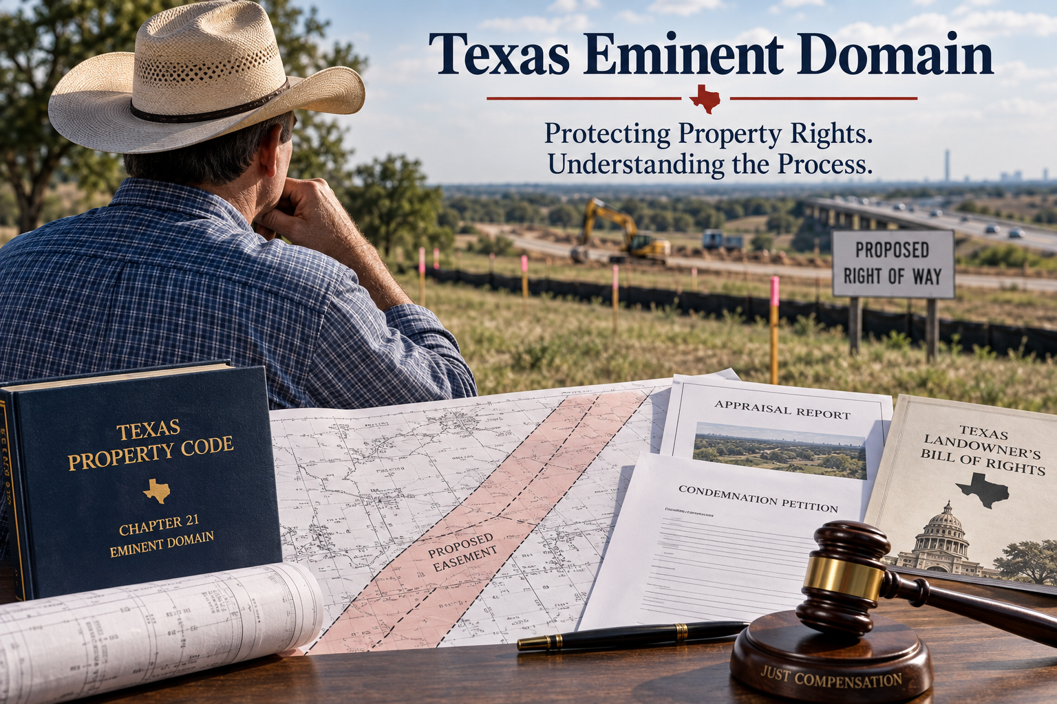 Texas eminent domain illustration showing a landowner overlooking a proposed highway right-of-way, with a property survey, proposed easement, appraisal report, condemnation petition, Texas Property Code Chapter 21, Landowner’s Bill of Rights, and gavel representing just compensation.