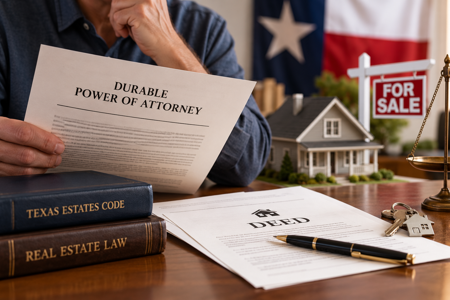 A Texas homeowner reviews a durable power of attorney beside a property deed, house keys, and a for-sale sign, illustrating the risks of outdated powers of attorney, unauthorized home sales, and real estate transactions under Texas Estates Code Chapter 751.