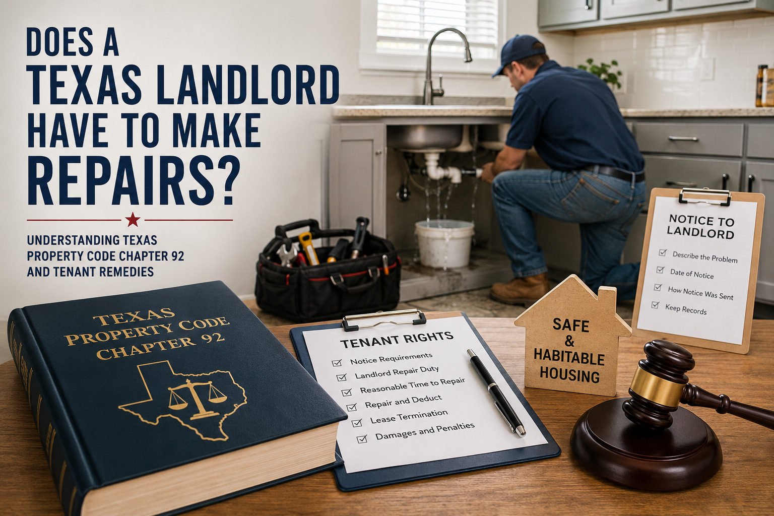Texas landlord-tenant law illustration showing a repair worker fixing a leaking kitchen sink beside a Texas Property Code book, tenant rights checklist, notice to landlord, and gavel, representing landlord repair duties and tenant remedies under Chapter 92.