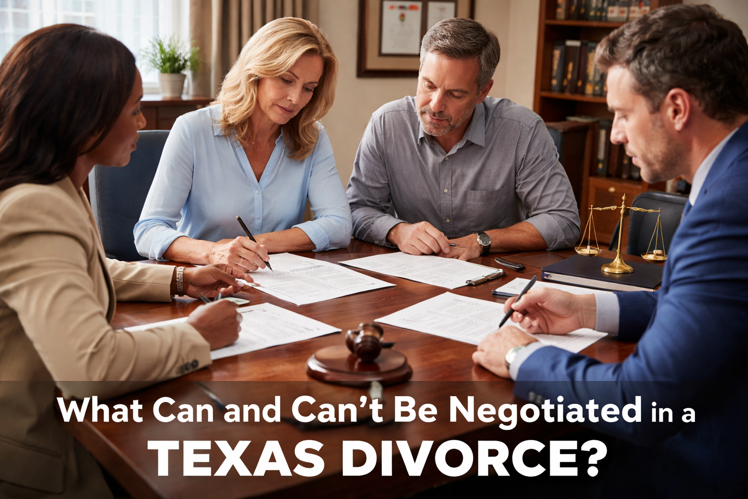 Texas divorce mediation showing spouses negotiating a divorce settlement agreement with attorneys under Texas family law