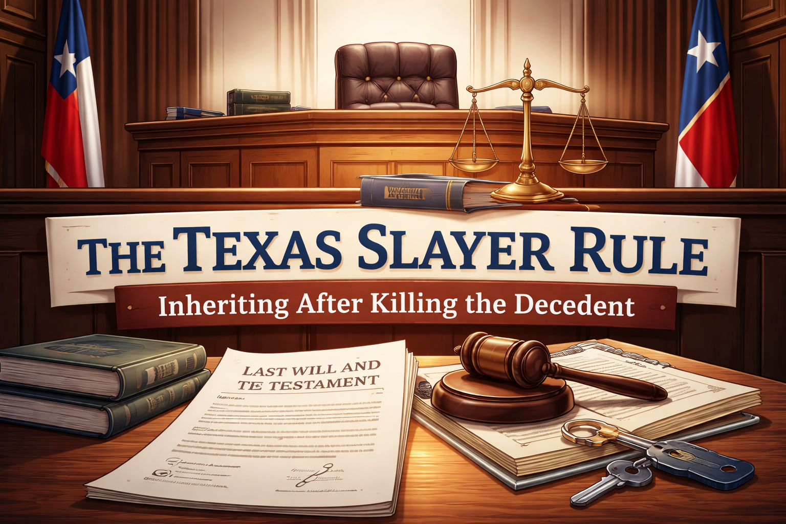 Texas probate courtroom illustration showing scales of justice and inheritance documents representing the Slayer Rule under Texas Estates Code 201.058