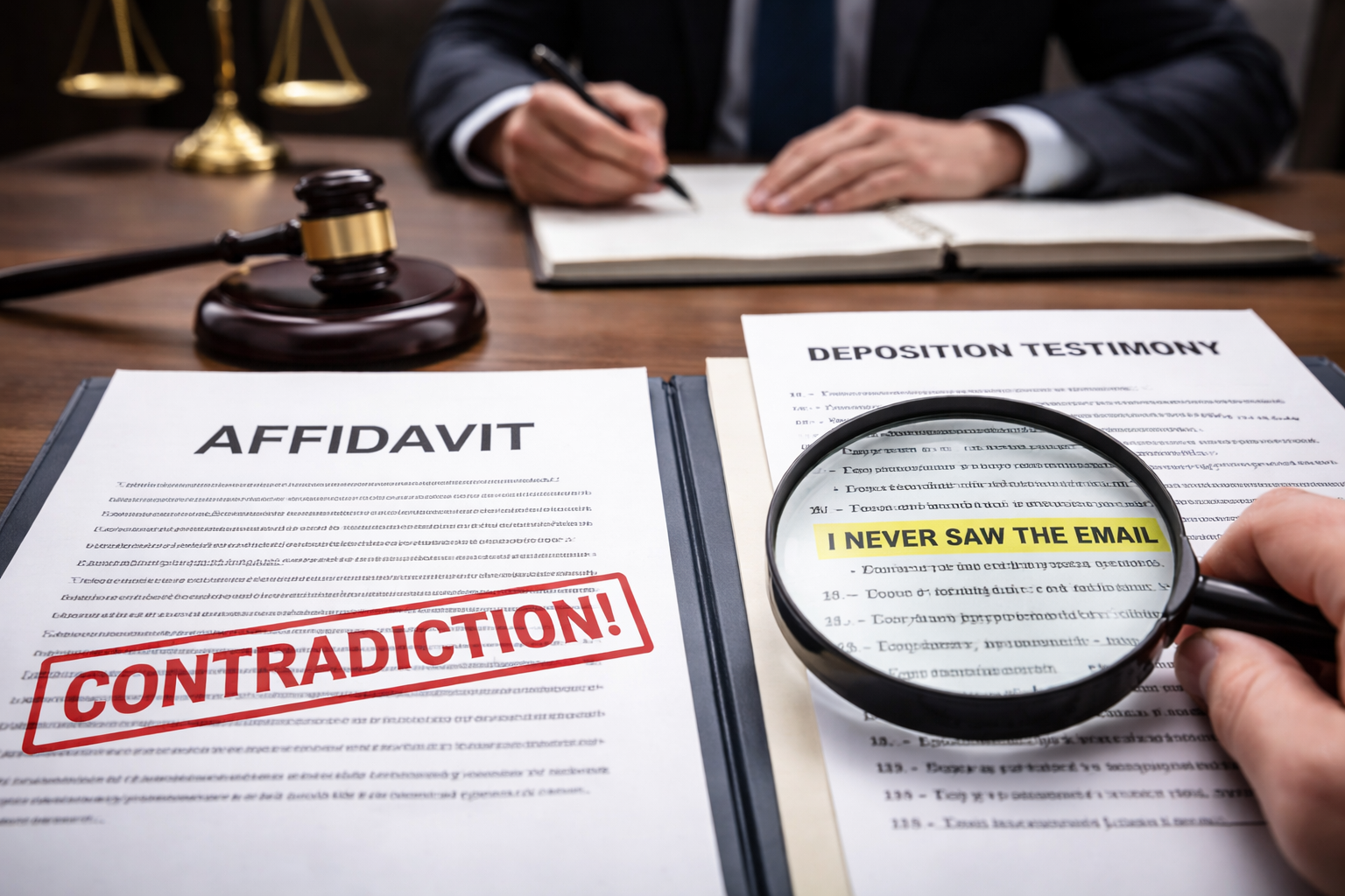 A lawyer reviewing conflicting affidavit and deposition testimony in a Texas courtroom, highlighting contradictions in legal documents.