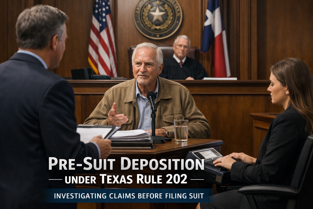 A Texas courtroom scene with a witness being deposed before a lawsuit is filed, representing pre-suit discovery under Rule 202.