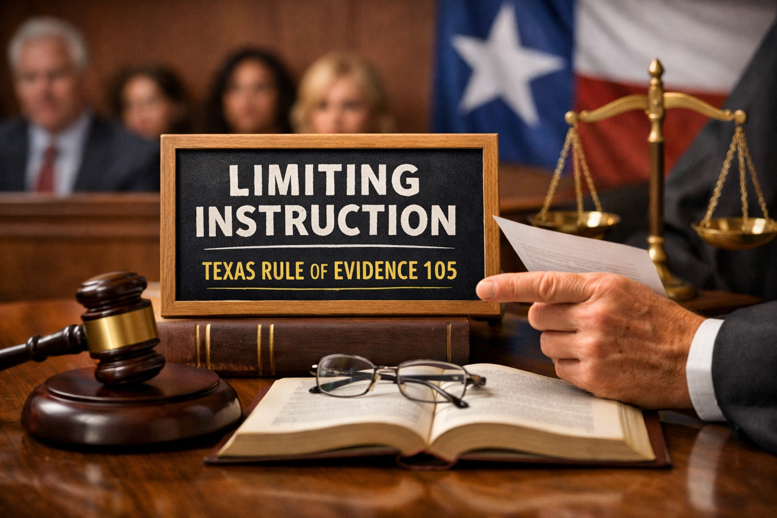 Close-up of a Texas courtroom scene featuring a judge’s gavel, an open law book with reading glasses, and a sign reading “Limiting Instruction – Texas Rule of Evidence 105,” with a judge pointing to a document and a blurred jury and Texas flag in the background.
