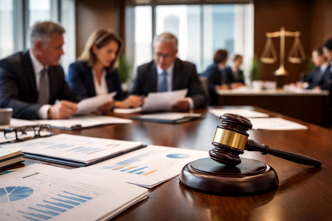 A corporate boardroom scene with executives reviewing financial documents while a judge’s gavel sits in the foreground, symbolizing judicial deference to business decisions.