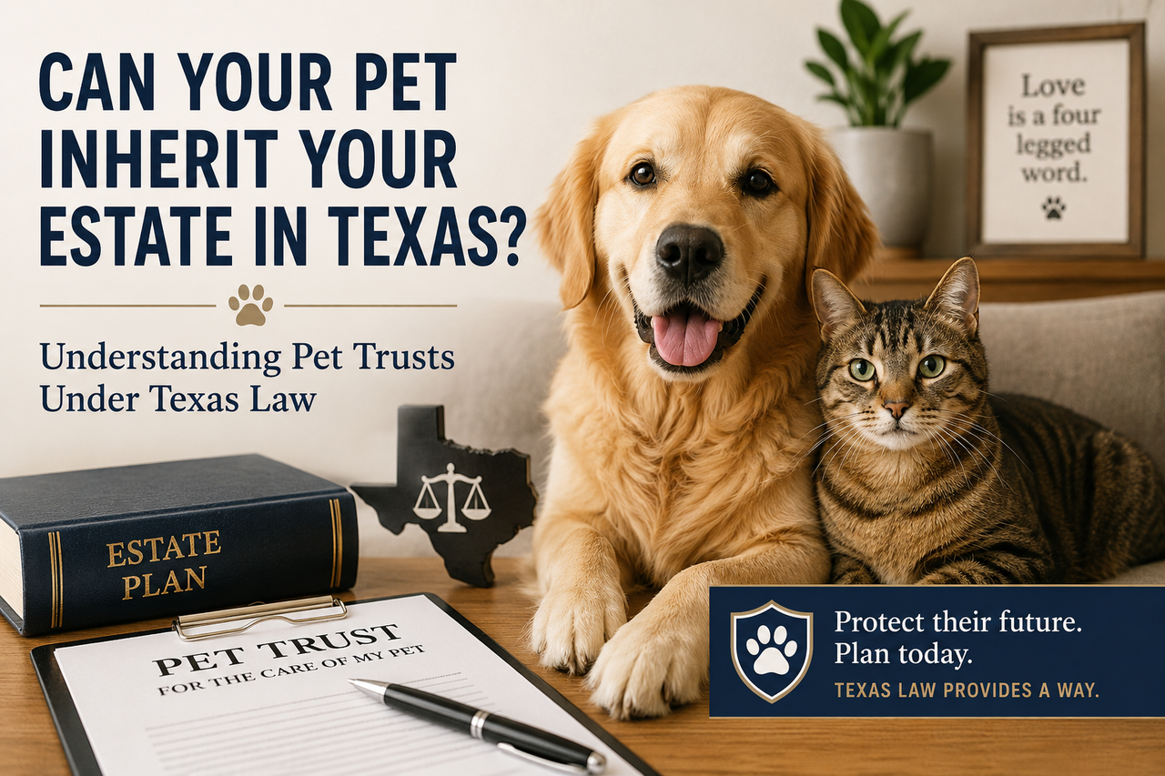 A golden retriever and a tabby cat sit beside a pet trust document, estate planning book, and Texas legal symbol in a warm home setting. The image promotes Texas pet trusts and explains how Texas law allows owners to provide for their pets' care after death through an enforceable trust, even though pets cannot inherit property directly.