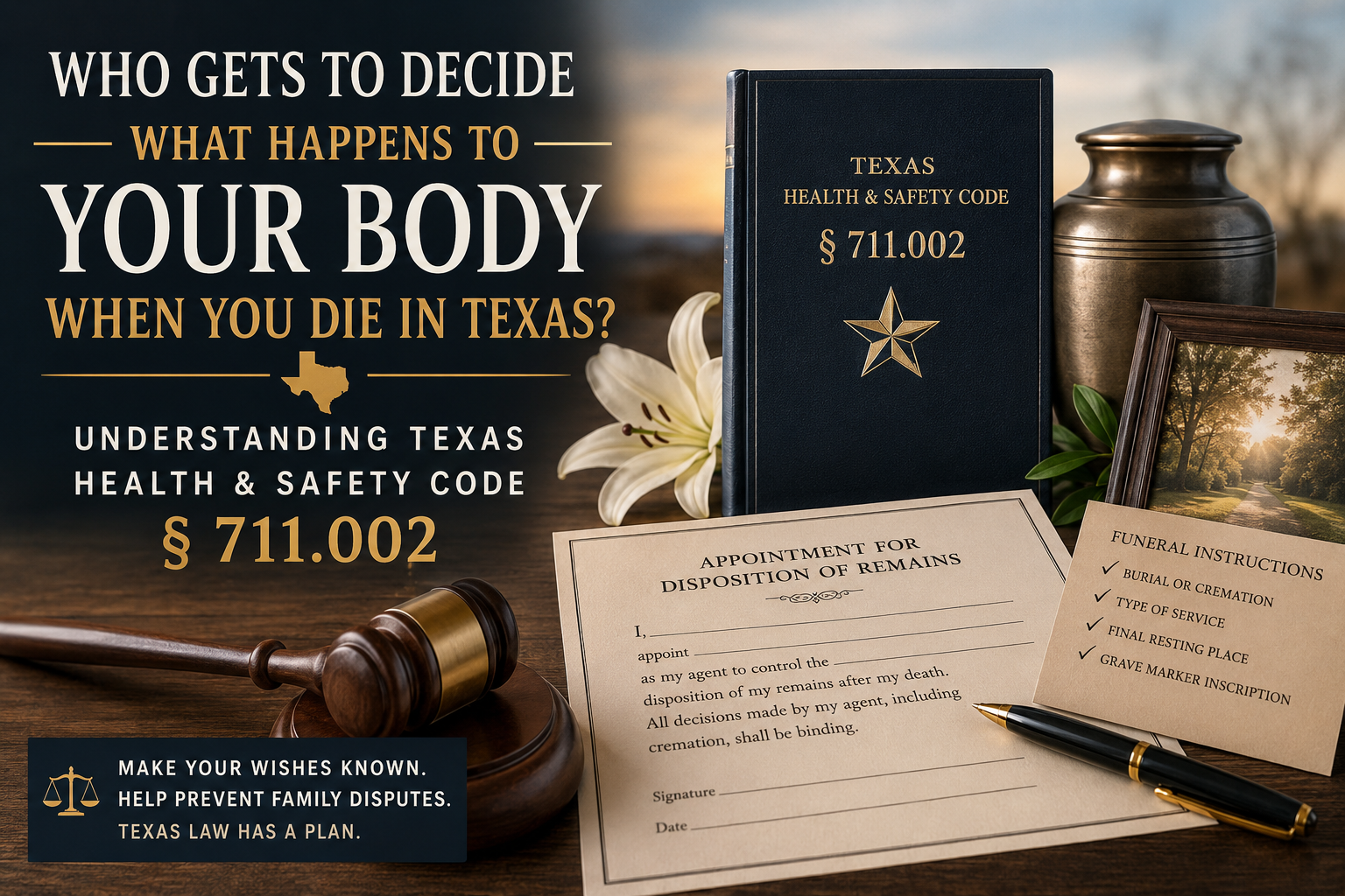 Texas estate-planning graphic featuring an urn, gavel, funeral instructions, and appointment for disposition of remains form, explaining who controls burial, cremation, and funeral decisions under Texas Health and Safety Code § 711.002.
