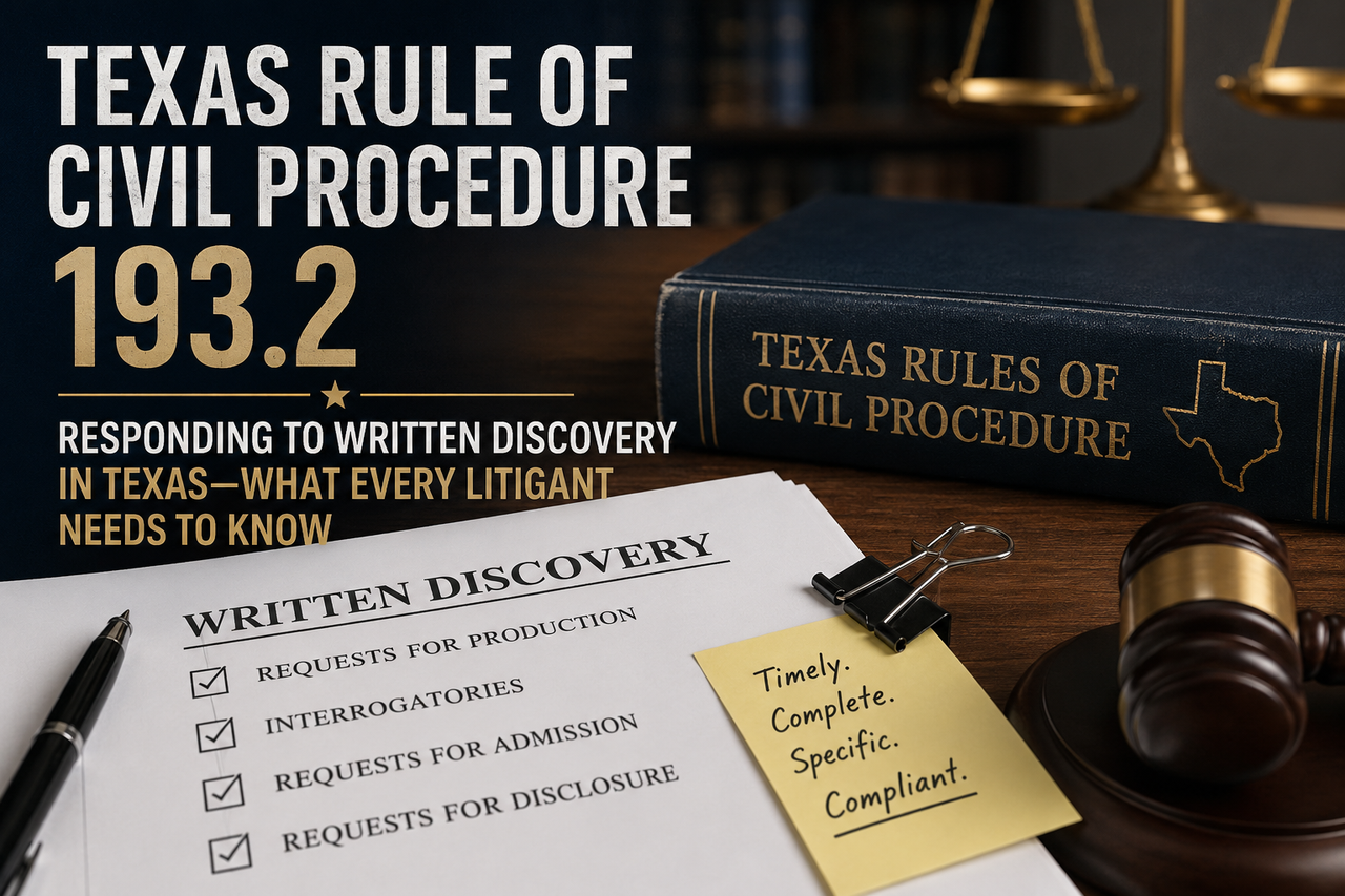 A Texas civil litigation scene featuring a gavel, a copy of the Texas Rules of Civil Procedure, and a written discovery checklist illustrating Texas Rule of Civil Procedure 193.2. The image represents responding to written discovery, including requests for production, interrogatories, requests for admission, and requests for disclosure in Texas civil lawsuits.