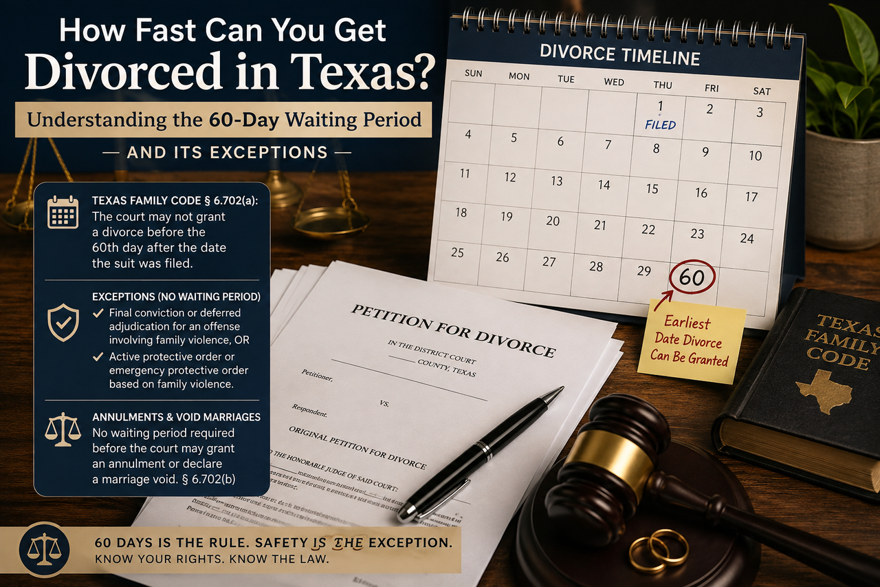 Texas divorce infographic showing a 60-day calendar, divorce petition, gavel, wedding rings, and Texas Family Code, illustrating the waiting period and family-violence exceptions under Texas Family Code § 6.702.