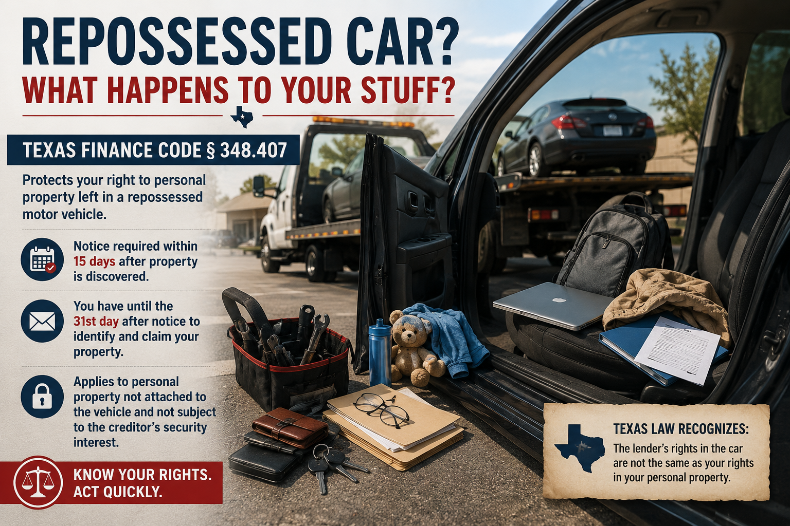 Texas car repossession infographic showing a tow truck carrying a vehicle and personal belongings including a laptop, backpack, tools, documents, keys, and clothing, explaining personal property protections under Texas Finance Code § 348.407 and deadlines for reclaiming belongings left inside a repossessed vehicle.