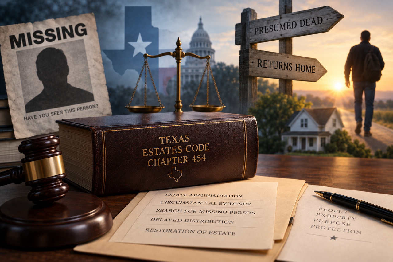 Texas probate law for a missing person presumed dead, showing a missing-person notice, Texas Estates Code Chapter 454, scales of justice, and the person returning home.