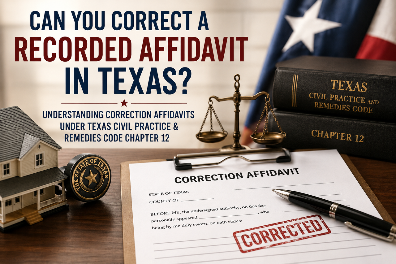 Texas correction affidavit illustration featuring a correction affidavit document, scales of justice, Texas Civil Practice and Remedies Code Chapter 12, Texas flag, and model home, representing the legal process for correcting recorded affidavits affecting Texas real estate title records.