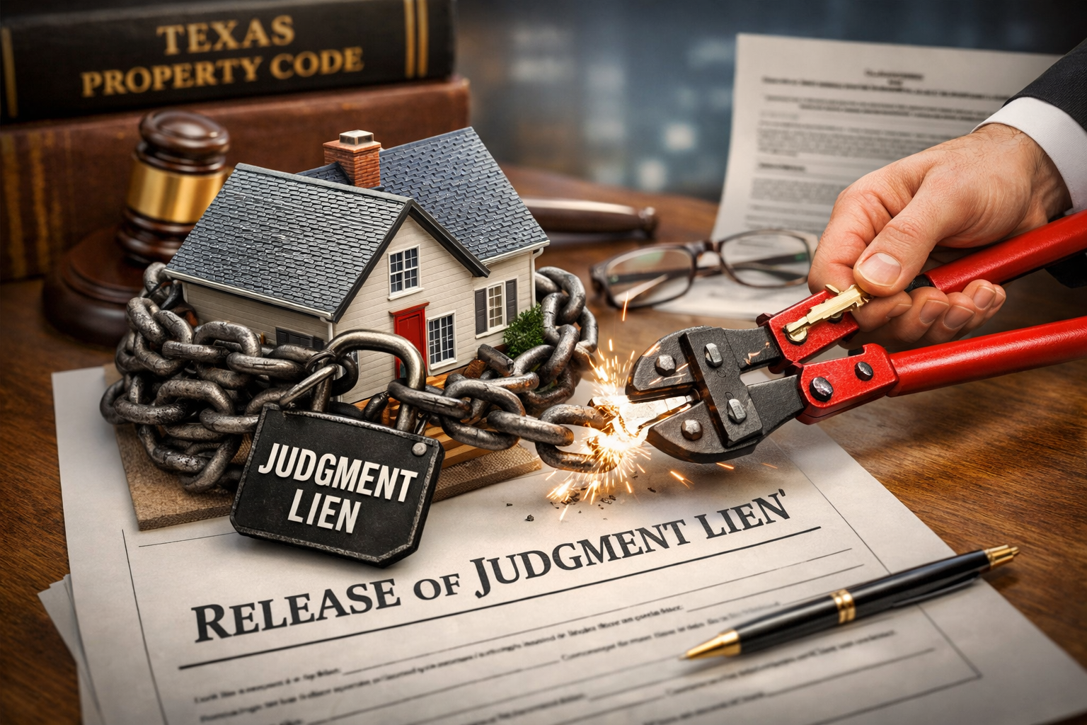 Legal concept image showing a house with a chain labeled ‘judgment lien’ being removed after payment, symbolizing the release of a property lien under Texas law.