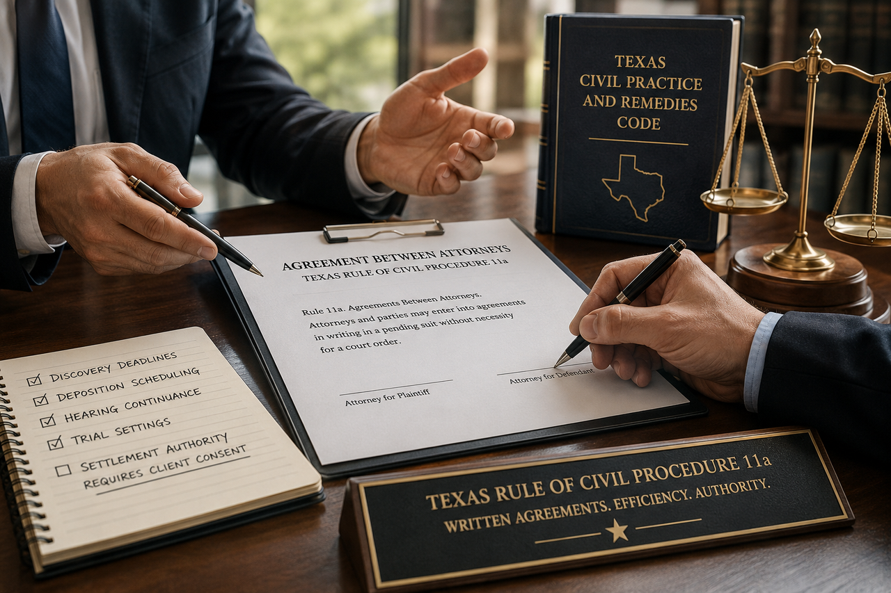 Texas attorneys signing a written litigation agreement under Texas Rule of Civil Procedure 11a, surrounded by legal documents, law books, and courtroom symbols.
