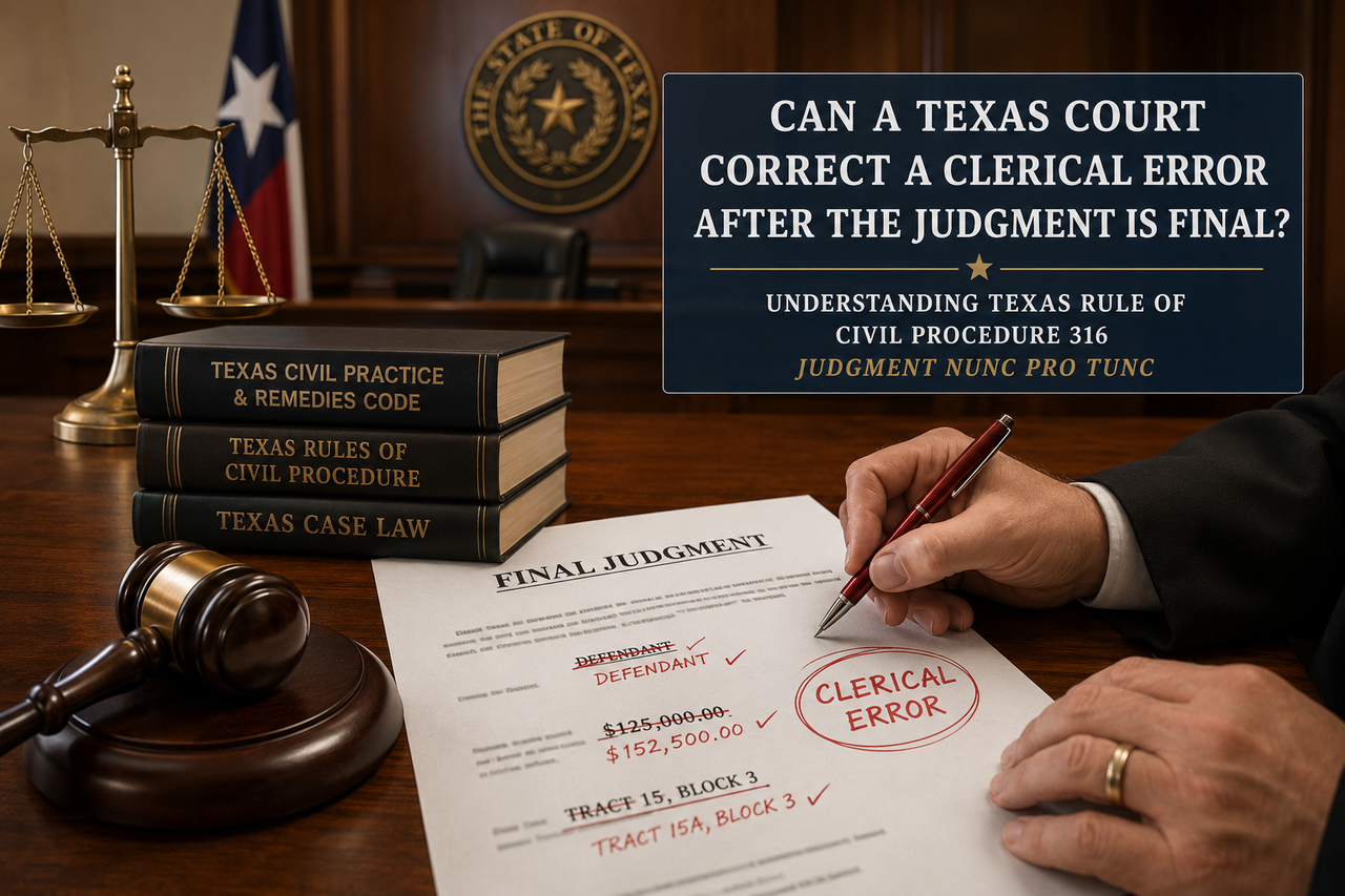 Judge correcting a clerical error on a Texas final judgment, illustrating a judgment <em>nunc pro tunc</em> under Texas Rule of Civil Procedure 316.