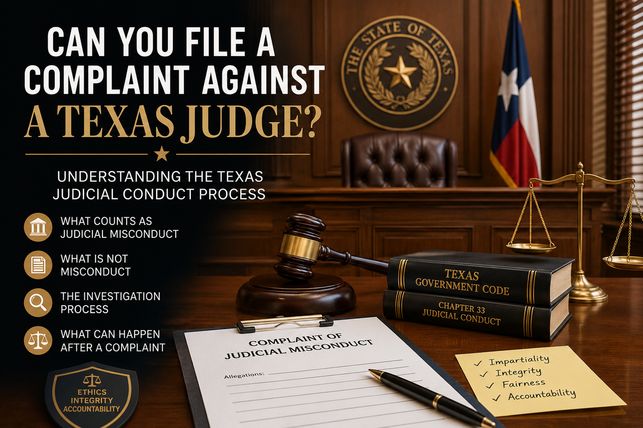 A professional illustration of a Texas courtroom featuring a judge's bench beneath the Texas state seal, with the Texas flag displayed in the background. In the foreground are a wooden gavel, the scales of justice, a copy of the Texas Government Code labeled "Chapter 33 – Judicial Conduct," and a judicial misconduct complaint form on a clipboard.