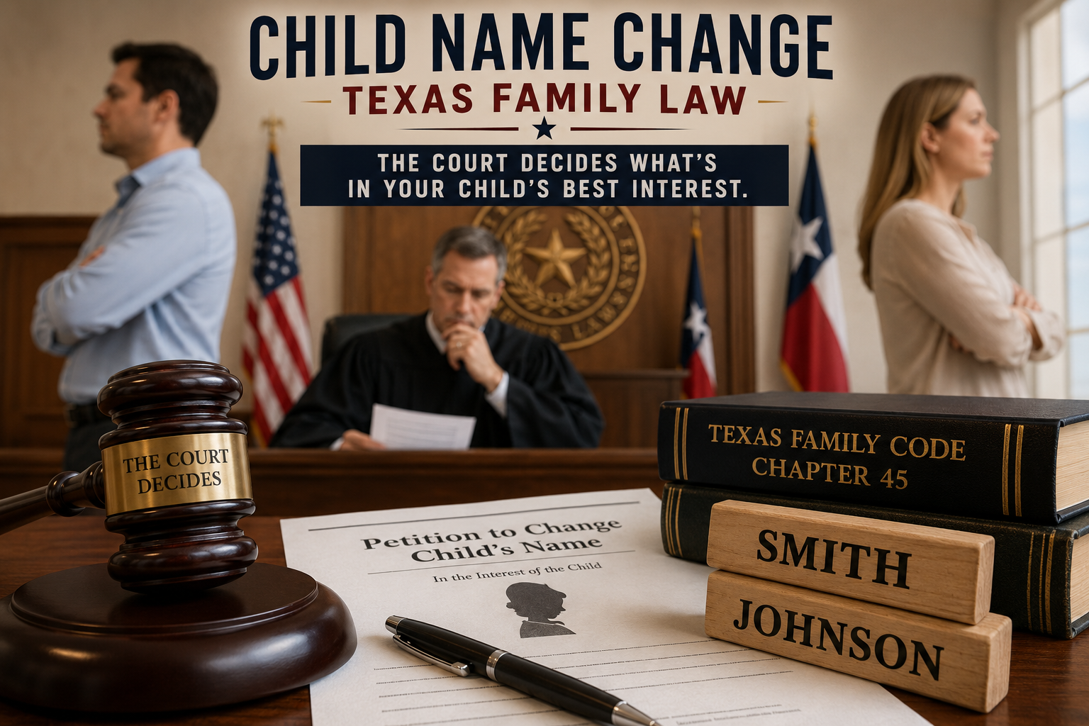 Texas family court judge reviewing a petition to change a child's legal name while divorced parents stand apart, illustrating Texas Family Code rules governing child name changes after divorce.