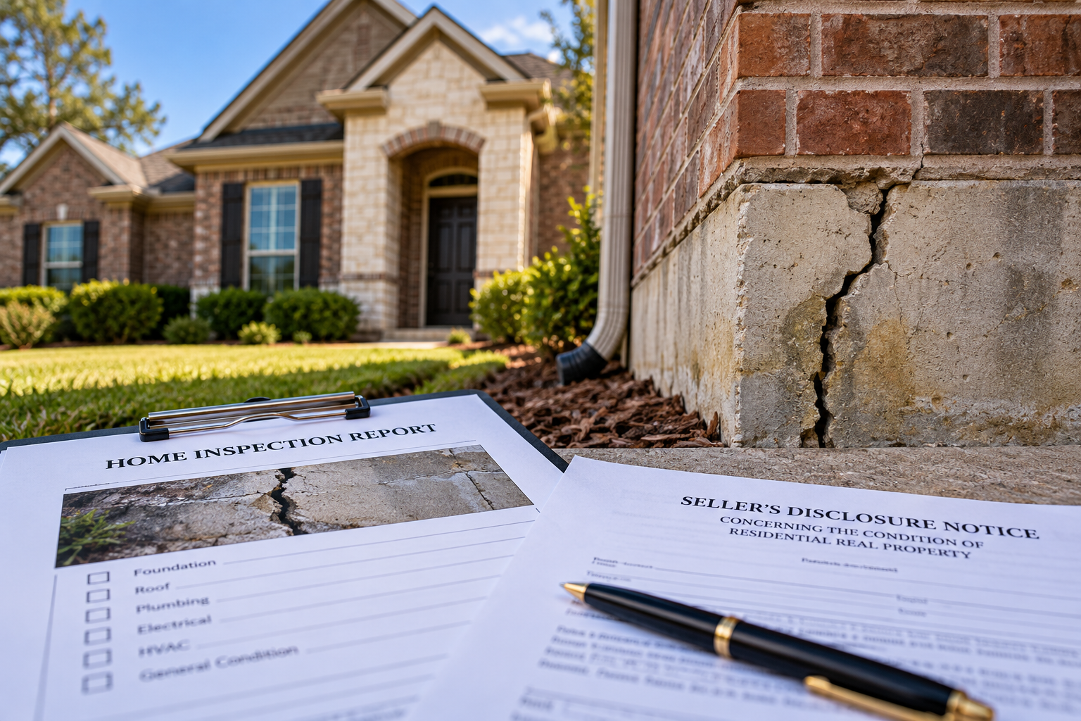 Texas suburban home with a cracked concrete foundation, home inspection report, and seller’s disclosure notice, illustrating hidden property defects, real estate fraud, and homebuyer protections under Texas law.