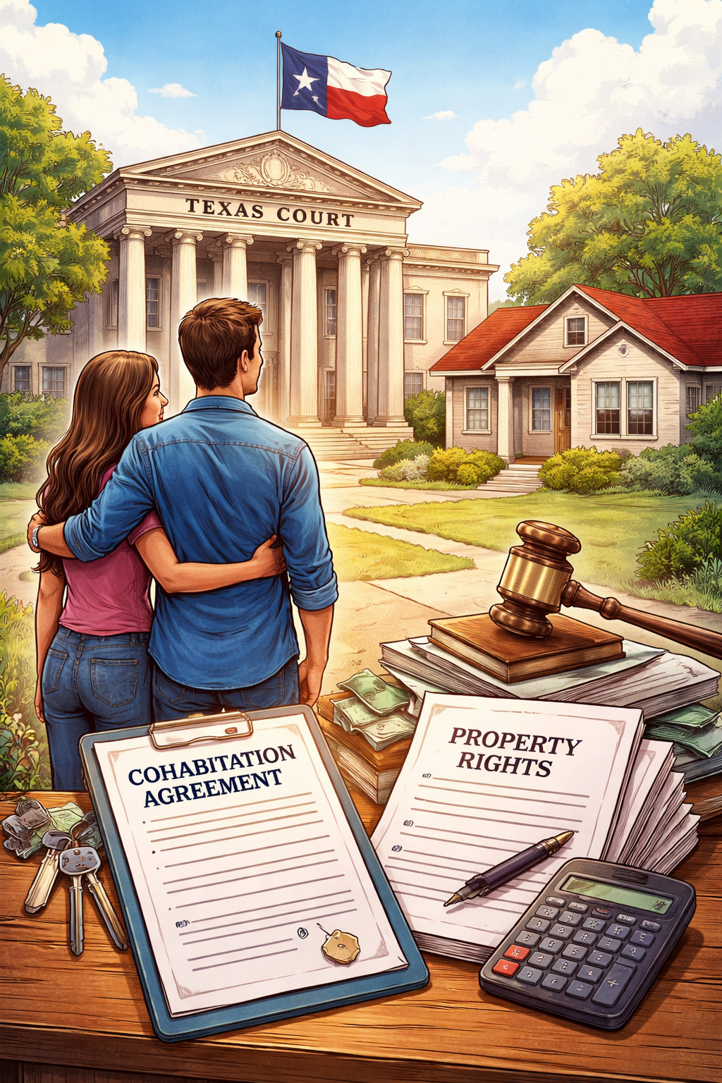 Illustration showing an unmarried couple standing in front of a Texas courthouse with a house and legal documents, representing Texas cohabitation law and informal marriage property rights