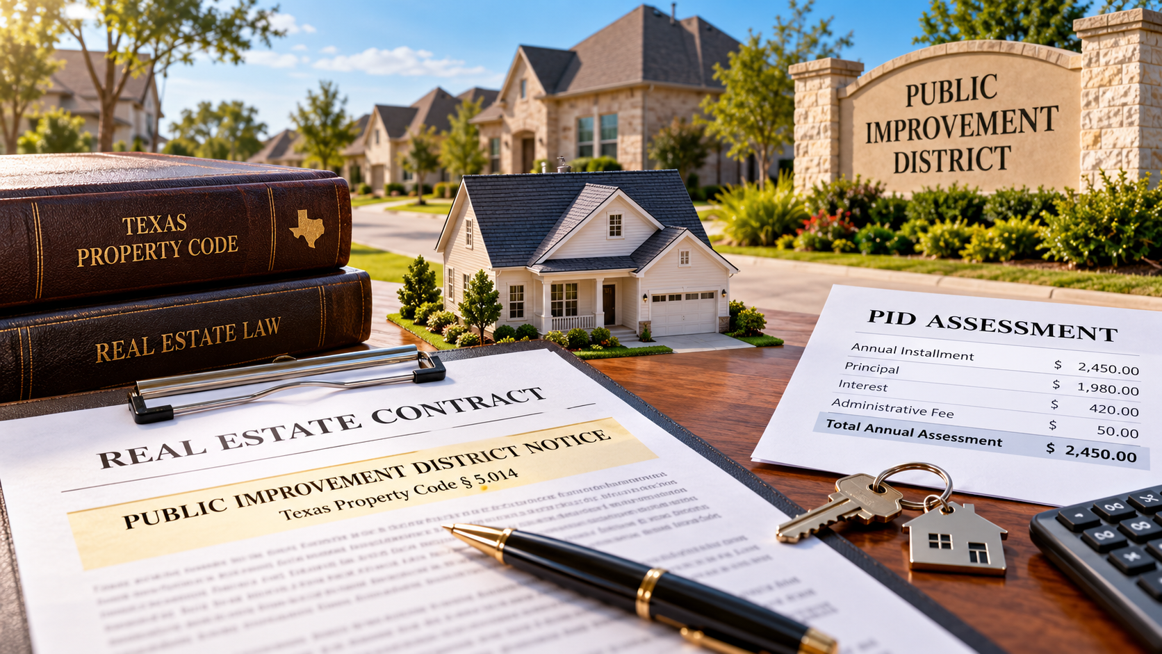 Texas residential neighborhood with real estate contract, Texas Property Code books, and public improvement district (PID) assessment notice illustrating homebuyer disclosure requirements under Texas Property Code § 5.014.