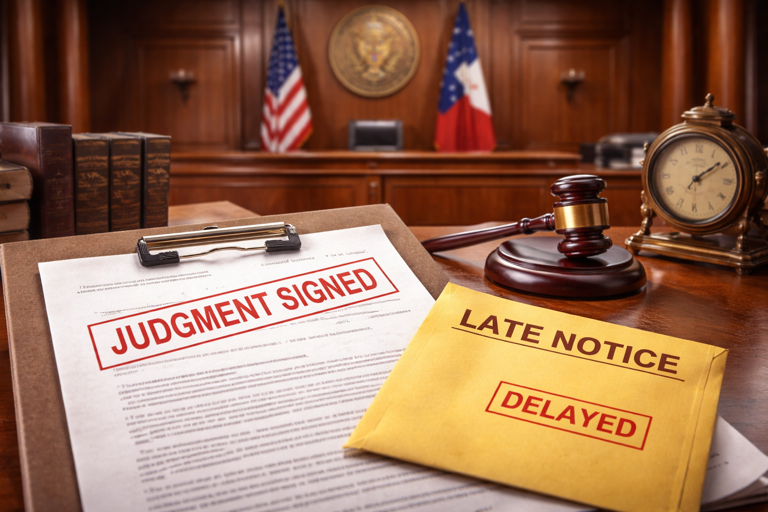 A Texas courthouse with a stamped ‘Judgment Signed’ document and a delayed notification envelope symbolizing missed legal deadlines.