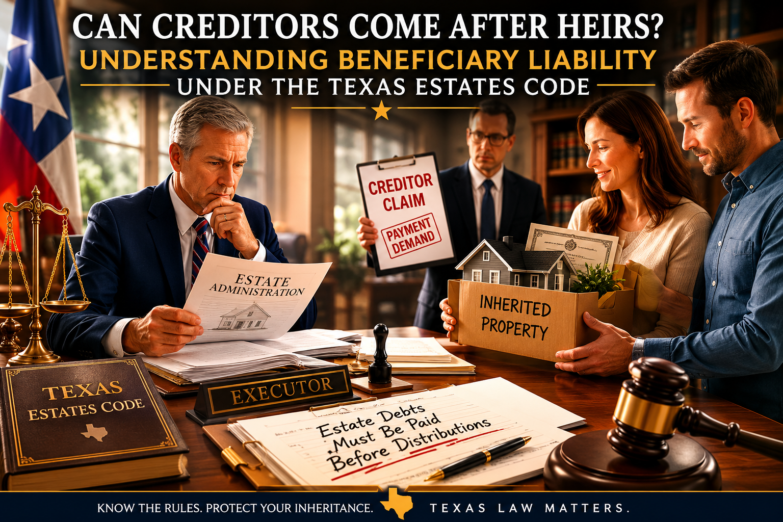Professional Texas probate law illustration showing an executor reviewing estate administration documents while heirs receive inherited property and a creditor presents a payment demand. The image highlights beneficiary liability under the Texas Estates Code and the principle that estate debts must be paid before distributions to heirs. Legal symbols, probate documents, and Texas-themed elements emphasize creditor claims and estate administration issues.