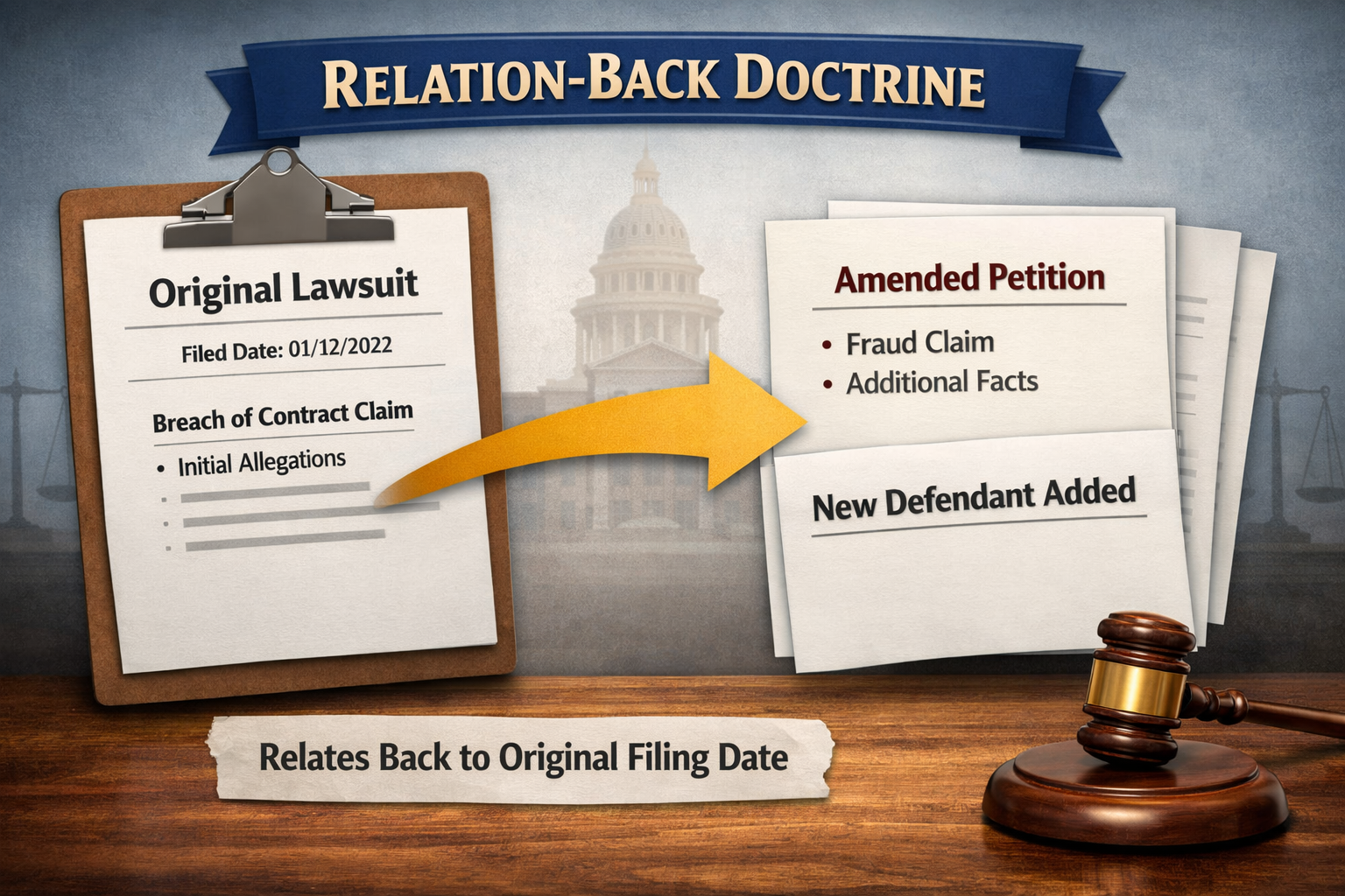 Texas civil litigation concept illustration showing amended pleadings being attached to an original lawsuit document to symbolize the relation-back doctrine under Texas law.