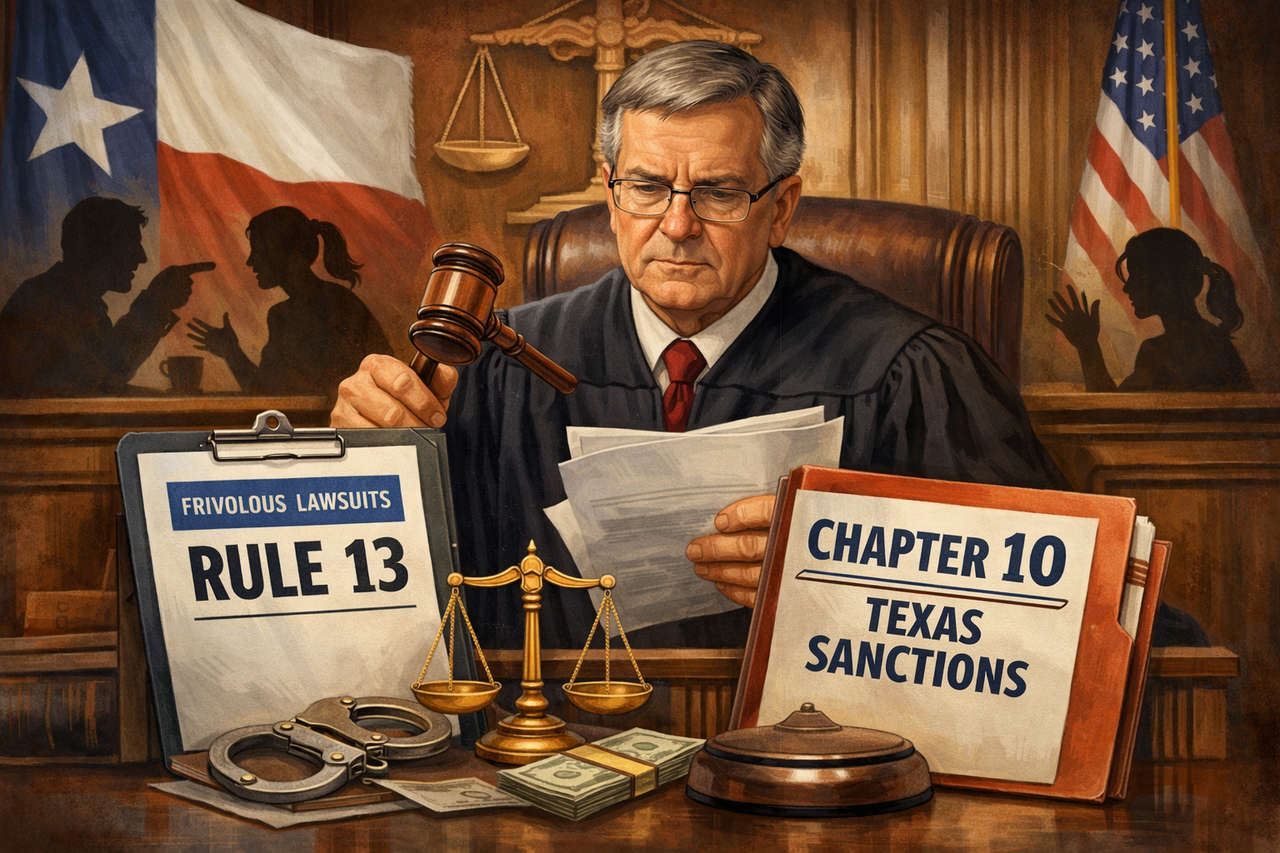 Illustration of a Texas courtroom with a judge holding a gavel and reviewing legal documents labeled “Rule 13” and “Chapter 10,” symbolizing sanctions for frivolous lawsuits and abusive litigation in Texas civil courts.