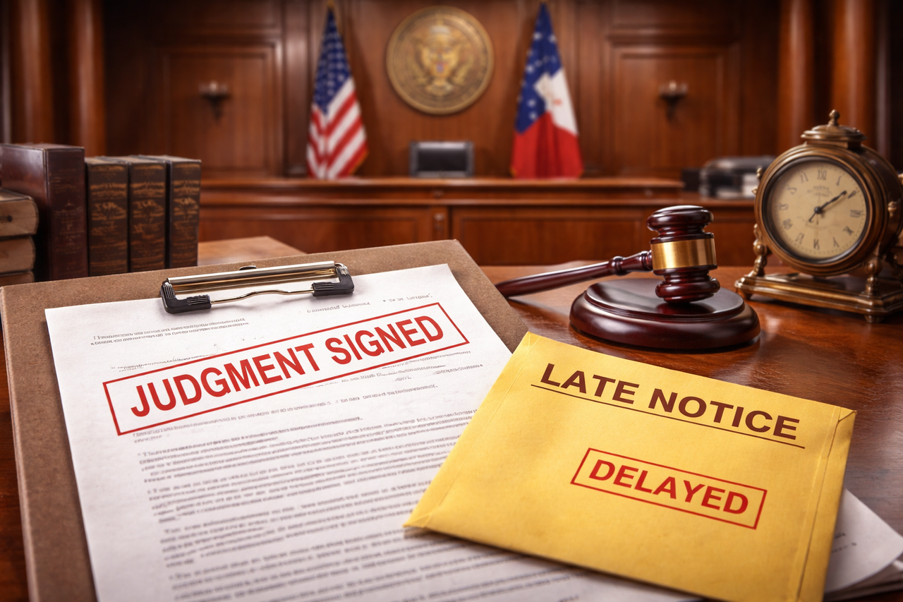 A Texas courthouse with a stamped ‘Judgment Signed’ document and a delayed notification envelope symbolizing missed legal deadlines.
