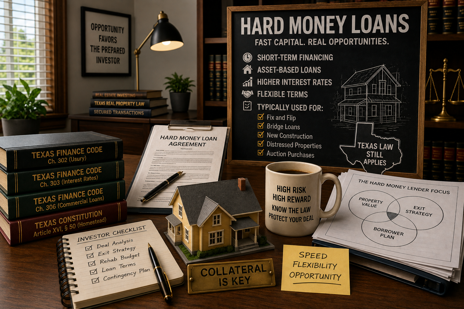Texas hard money loan concept featuring a loan agreement, model house, Texas Finance Code books, investor checklist, and information about short-term asset-based real estate financing, interest rates, collateral, and Texas lending law.